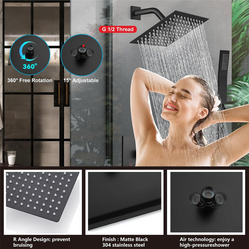 Midanya Shower System with Tub Spout,Bathtub Shower Faucet Set with Square Rainfall Head and Handheld Sprayer Wall Mount Tub Faucet Set with Valve and Trim Kit,8 Inch Matte Black