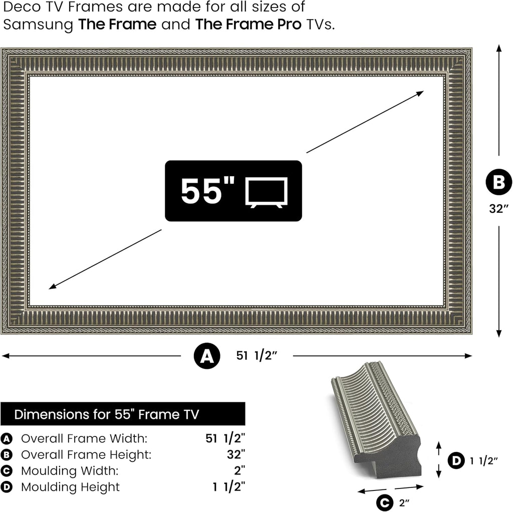 Empire Silver 55' Slim Deco TV Frame - Compatible ONLY with Samsung The Frame TVs (Fits 2021-2026, LS03A, LS03B, LS03C, LS03D, LS03FA)