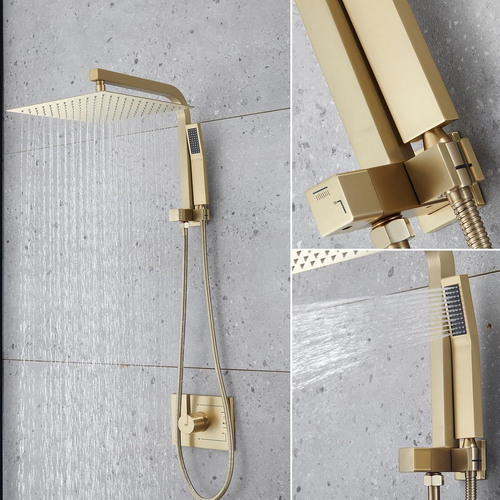 SOOOHOT Brushed Gold Shower Fixtures, Gold Shower Faucet Set with 12 Inch Gold Shower Heads with Handheld Spray Combo and Tub Spout, Shower Systems with Rain Shower and Handheld (Valve Included)