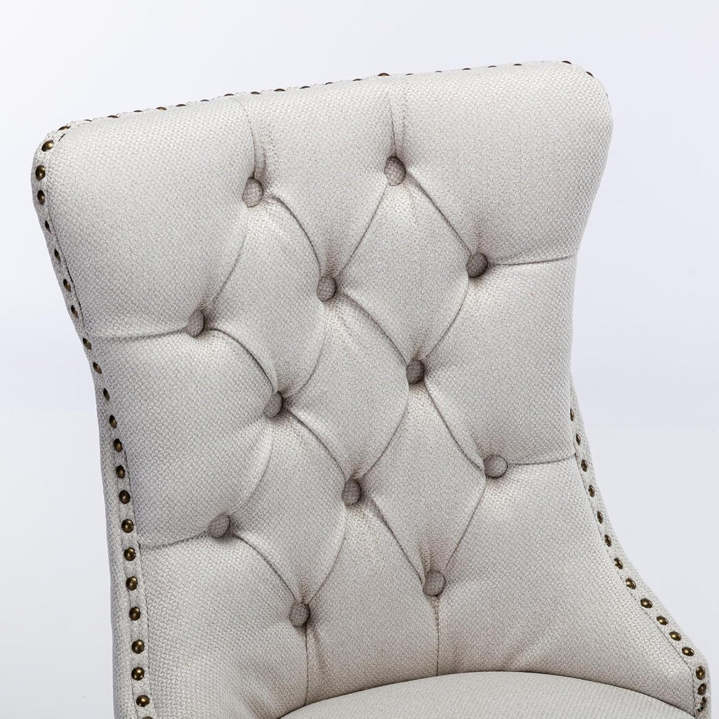 Ball & Cast Contemporary Upholstered Dining Chairs Set of 2, Button Tufted Kitchen Side-Chairs with Hang Ring & Nailhead Trims & Solid Wood Legs, 2-Piece Backrest Traditional Chair, Linen Beige