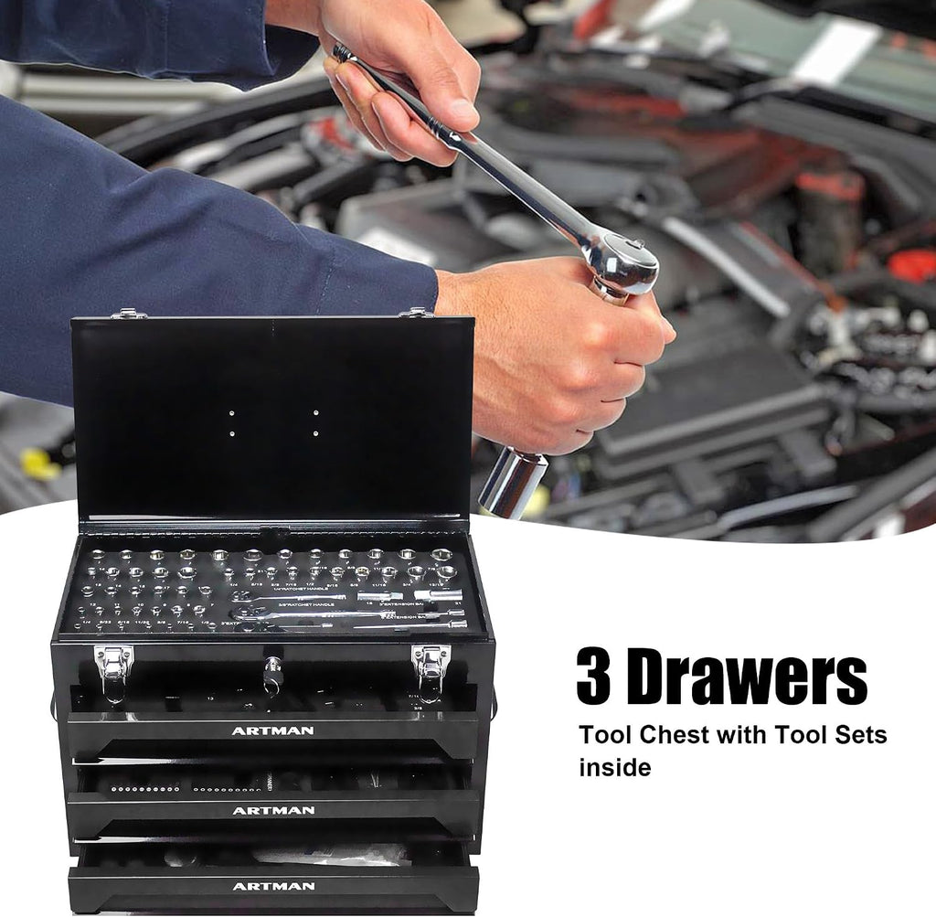 3-Drawer Tool Chest with 439-Piece Mechanics Tool Set | Heavy-Duty Steel Portable Tool Box with Complete Socket & Wrench Kit for Workshop, Garage, and Home Use (Black)