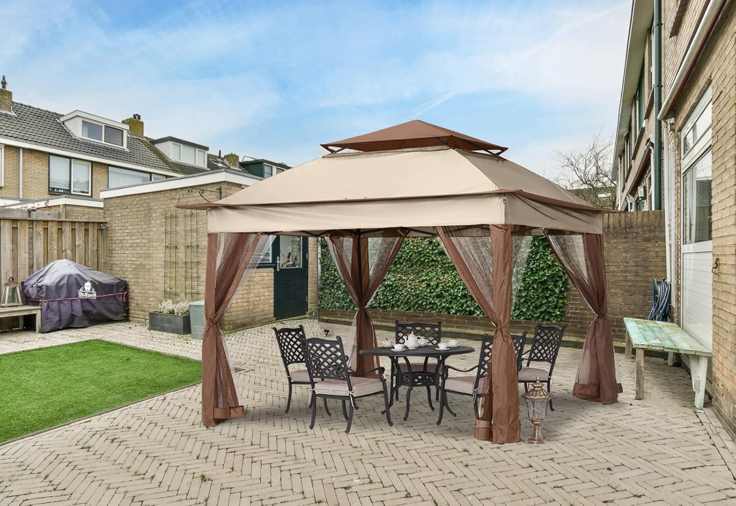 MASTERCANOPY Patio Gazebo Outdoor Pop Up Gazebo with Mesh Walls (11x11,Champagne)