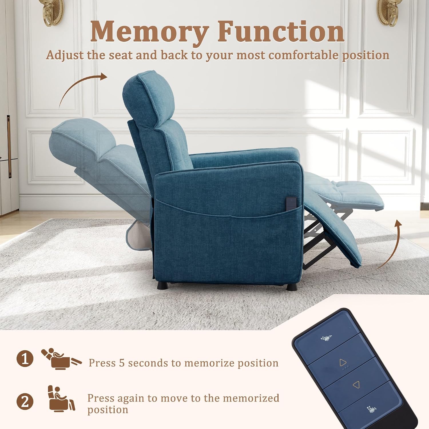 Korser Power Recliner Chair for Adults, Electric Recliner Chairs for Living Room, Comfy Recliners Cashmere Reclining Chair with One-Touch Adjustment & Side Pockets for Reading, Bedroom, Lounge, Blue