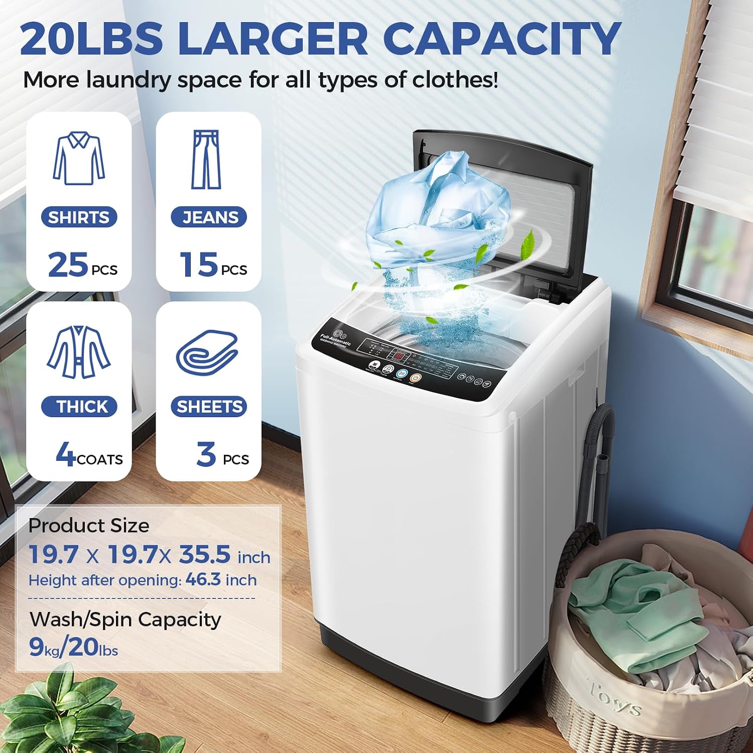 Nictemaw Portable Washing Machine, 20Lbs Capacity Full-Automatic Portable Washer, 2.8Cu.ft Washer and Dryer Combo with Drain Pump, LED Display, 10 Programs & 8 Water Levels, Slow-Close Glass Lid