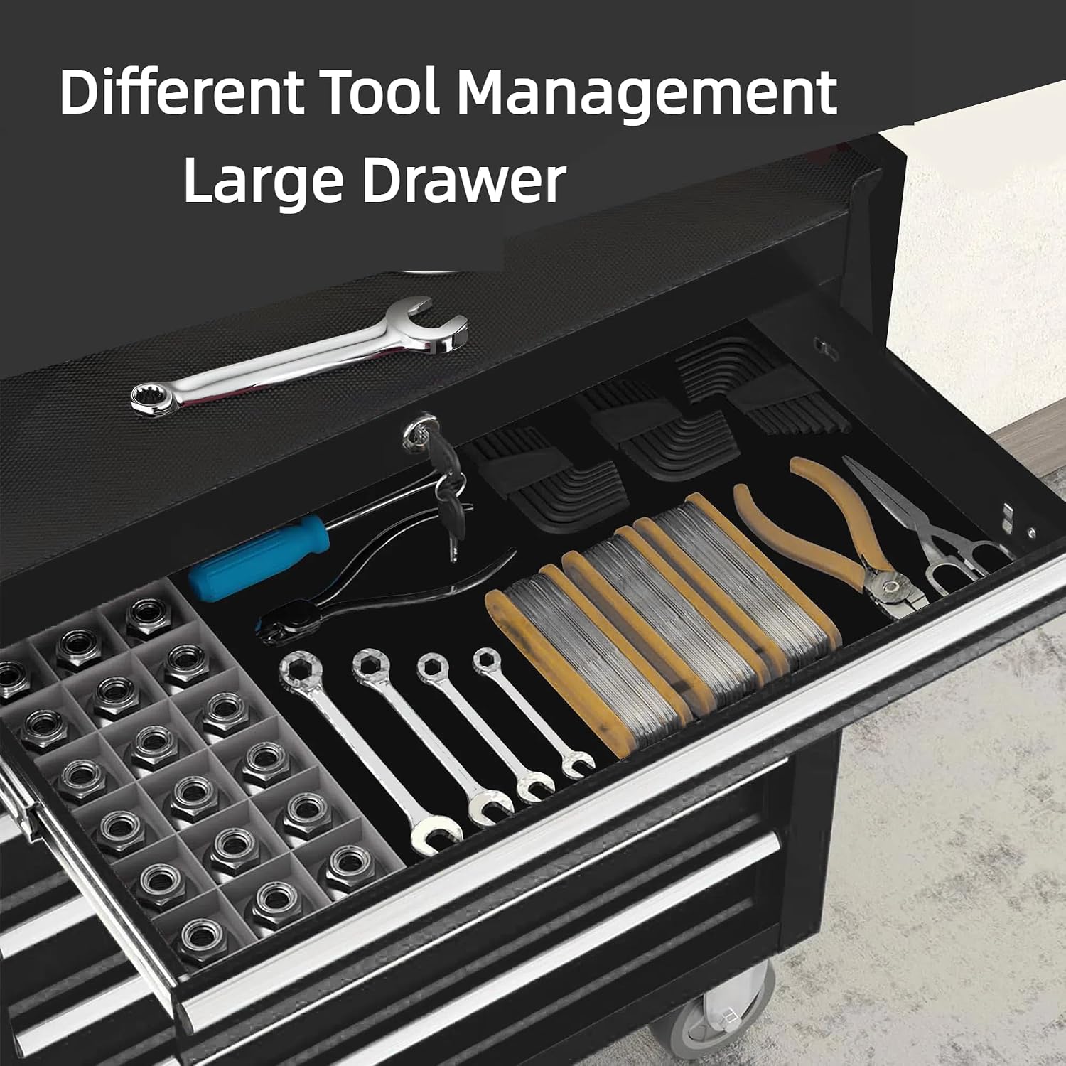 ChicFurnit Tool Chest, 7-Drawer Rolling Tool Chest with 5 Standard and 2 Large Drawers & Top Storage Rack, Storage Box with Four 360° Universal Wheels for Home Workshops, Repair Shops, Black