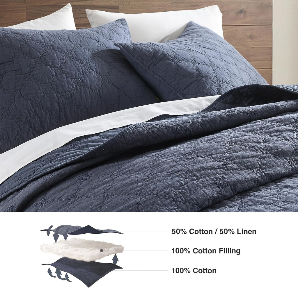 HORIMOTE HOME 55% Linen Front/100% Cotton Back Quilt Set King Size, Steel Blue Pre-Washed Cotton Linen Quilt Set, Geometric Stitched Pattern Bedspread Coverlet Bedding Set 3-Piece for All Seasons