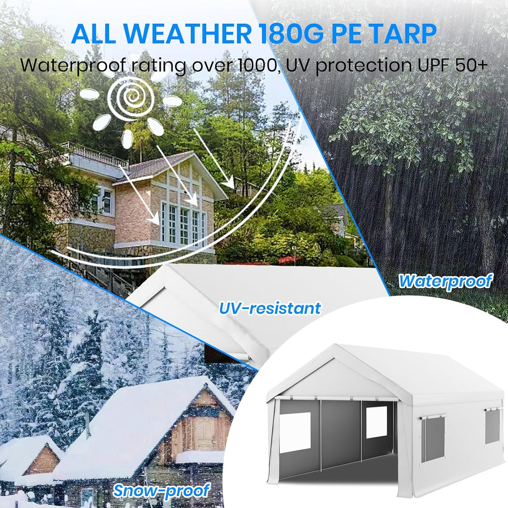 Carport 10x20 Heavy Duty Portable Garage,Carport Canopy with Roll-Up Windows & Doors,Portable Garage and Shelter with Removable Sidewalls,Car Tent Garage with All-Season Tarp for Bike Truck Lawnmower