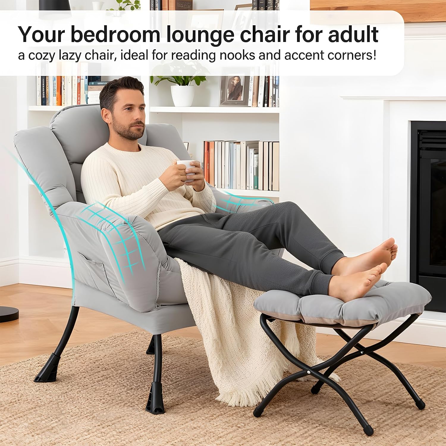 Lazy Chair with Ottoman, Modern Accent Chair with Lumbar Pillow, Grey Sofa, Armchairs with Folding Footrest, Oversized Supportive Chairs for Bedroom, Reading