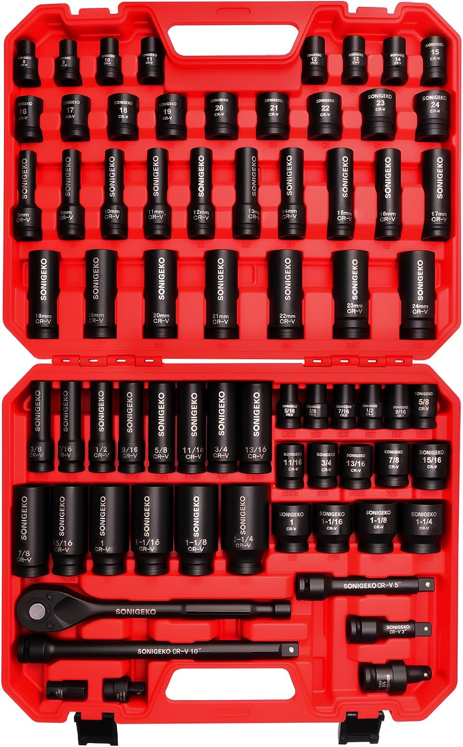 70-Piece 1/2' Drive Impact Socket Set, Cr-V Steel, Standard SAE & Metric Sockets with Ratchet Handle, Extension Bar, Adapters, and Storage Case