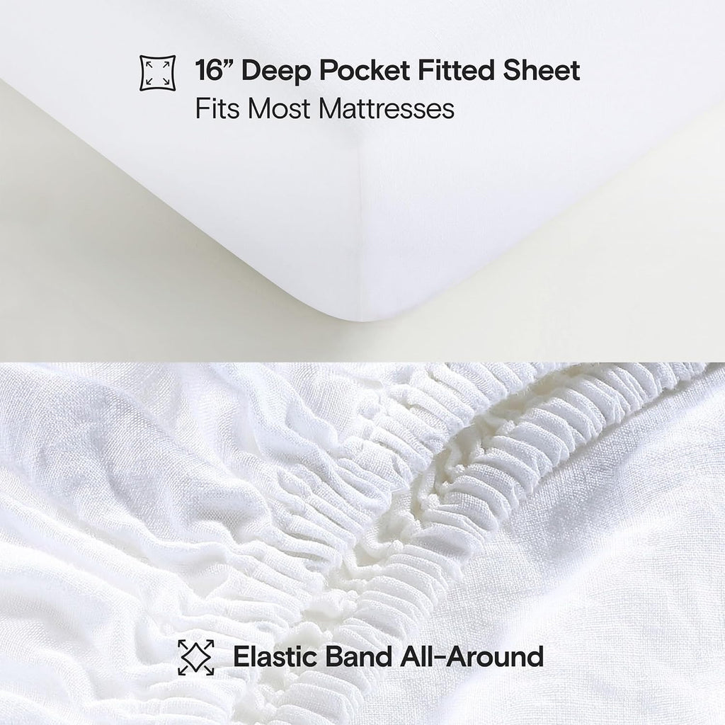 Sijo Stone Washed Organic French Linen Bed Sheet Set, GOTS Certified Organic, Best Cooling Linen Sheet Award by Sleep Foundation, 3 Piece - 2 Pillowcases and 1 Fitted Sheet (Snow, Cal King)