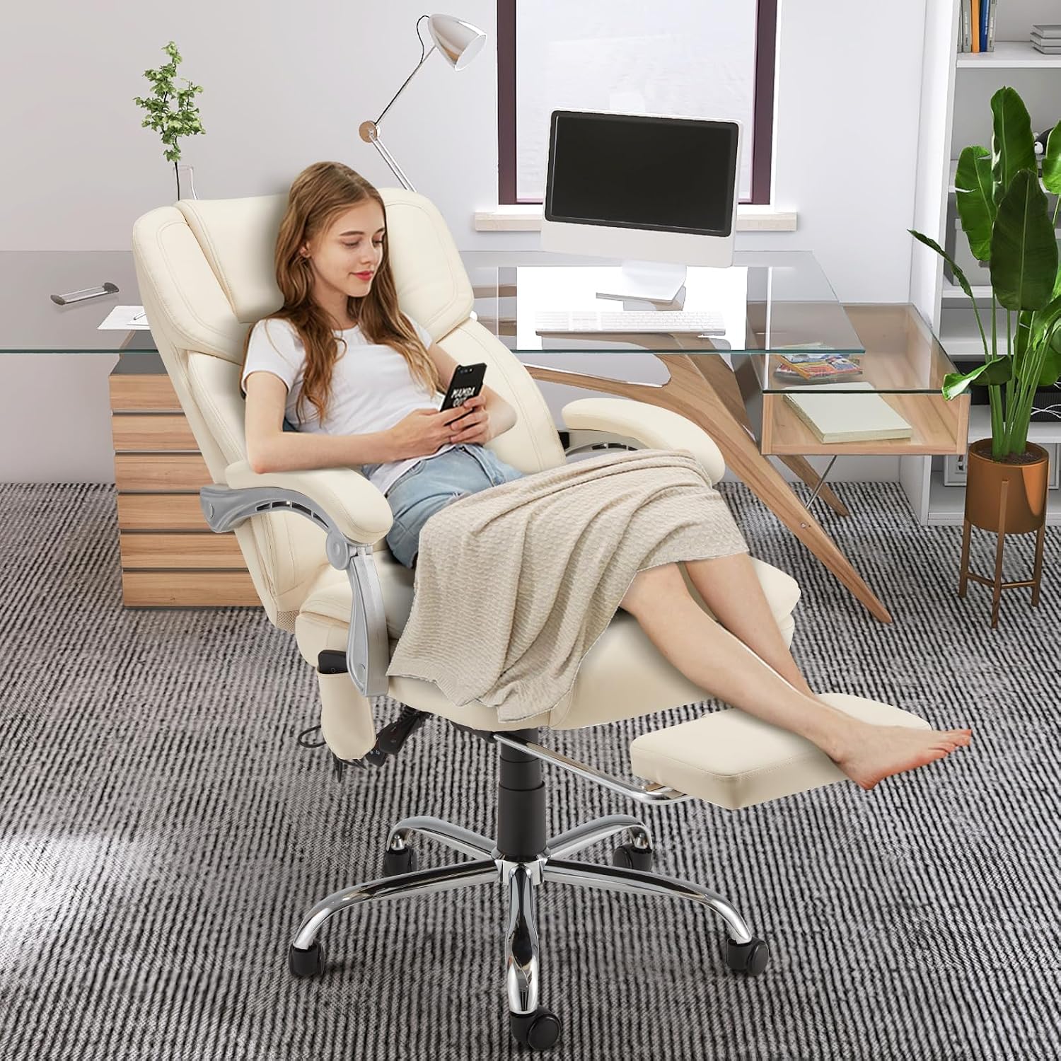 HOMREST Executive Office Chair with Footrest, 6-Point Massage Office Chair with Reclining Backrest, Heated Leather Computer Chair for Home Office(Cream)