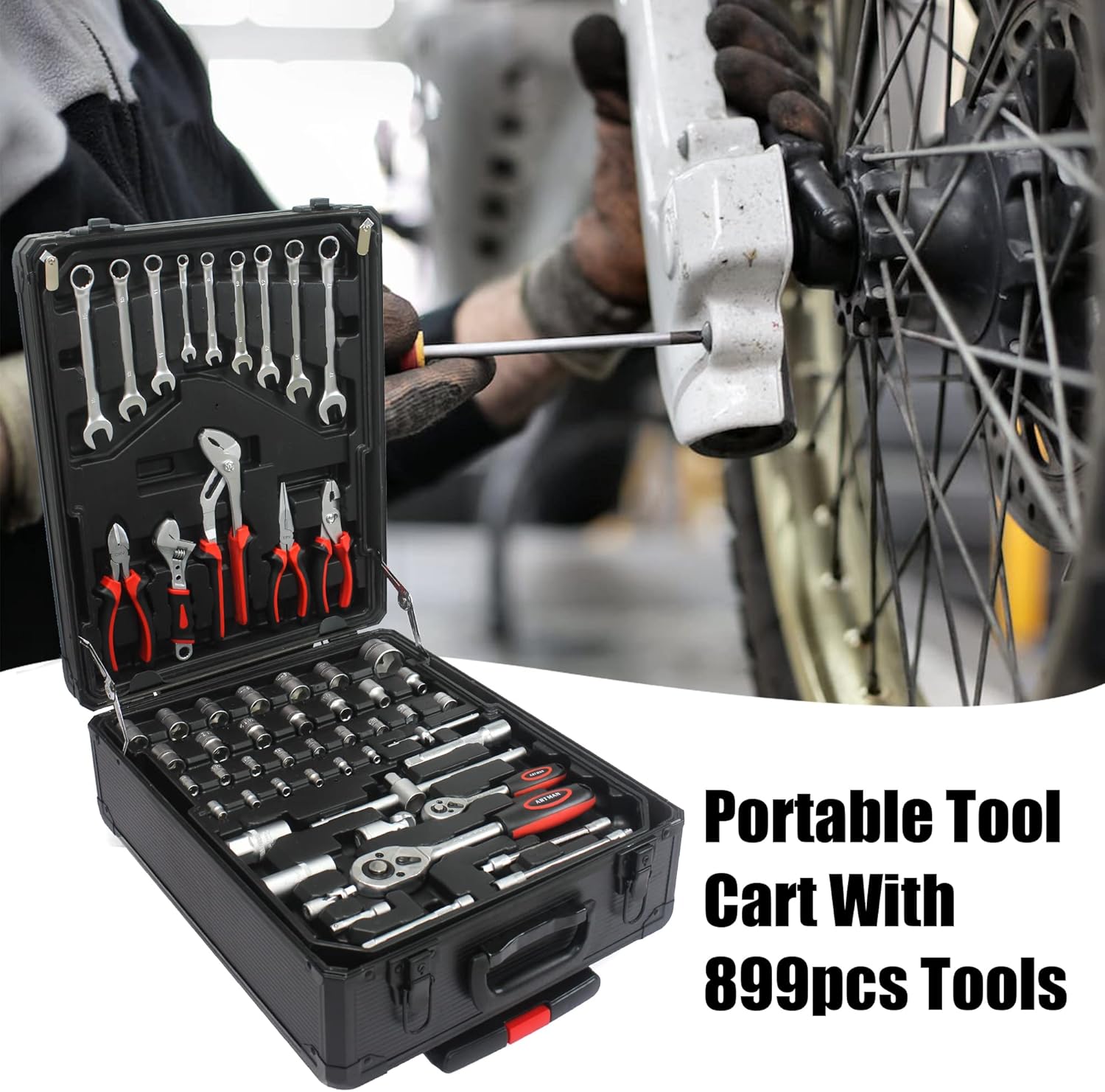 899PCS Tool Set, Household Tool Kit with Rolling Tool Box, Complete Tool Box Set Hand Tool Set with Tool Box, Mechanic Tool Set Rolling Tool Set for Auto Repair/Home Tool Set (Black)