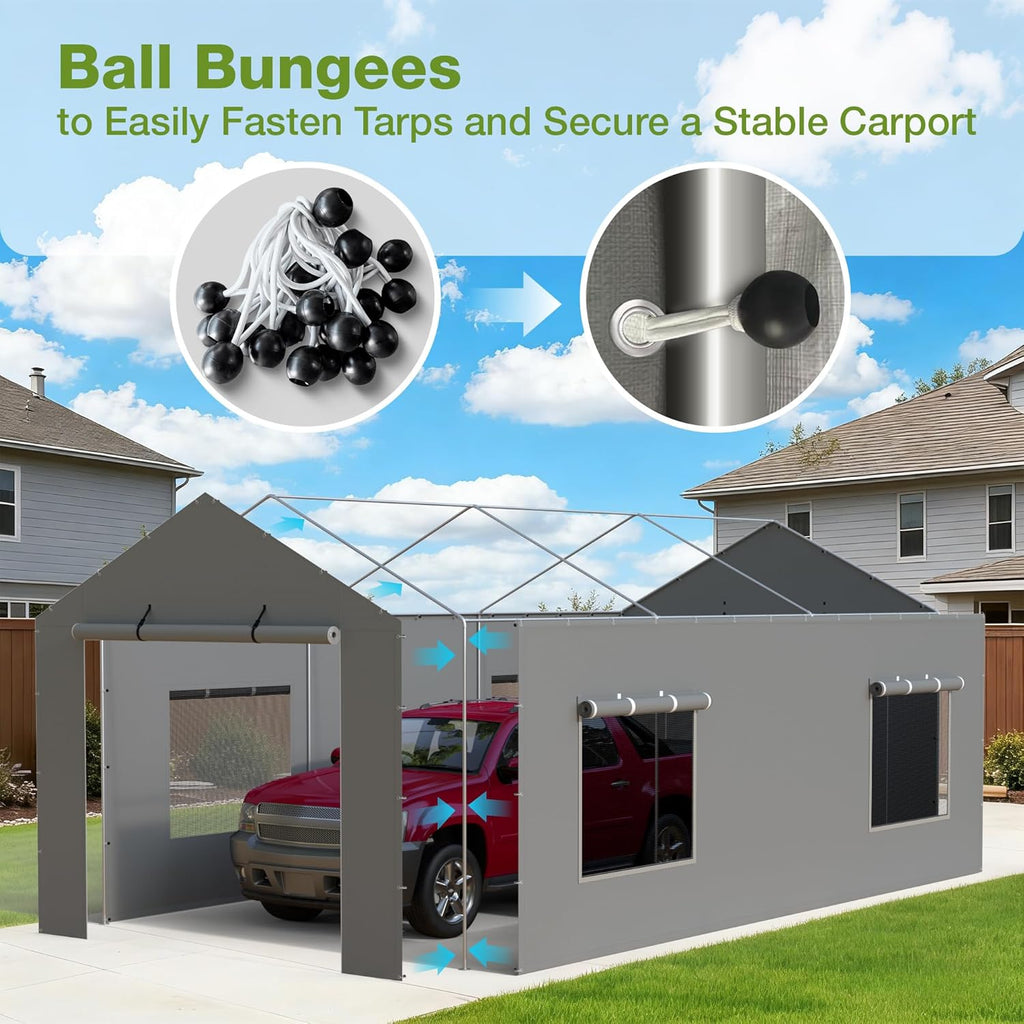2 Pack Carport Canopy Replacement Sidewalls with Roll-up Windows, 2 Pack Zipper Doors for 10x20FT, Waterproof & UV Protected, Easy Assembly with Ball Bungees, Grey (Frame and Top Cover Not Included)