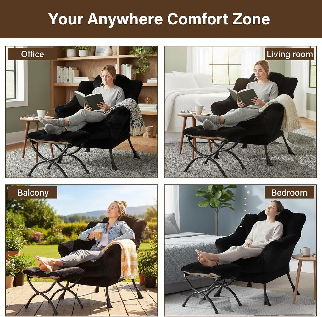 Welnow Lazy Chair with Ottoman, Modern Accent Chair with Armrests and a Side Pocket, Leisure Sofa Armchair, Reading Armchair with Footrest for Small Space, Plush Black