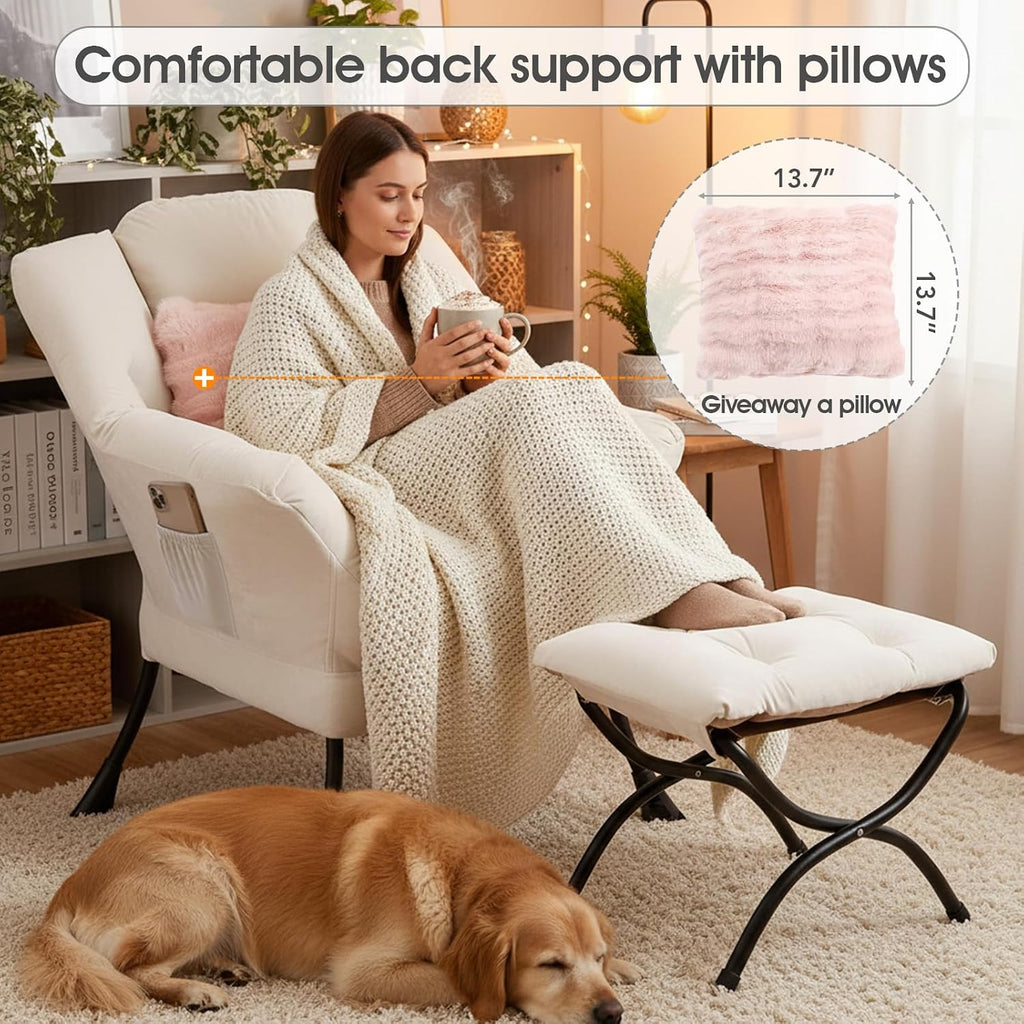 Lazy Chair with Ottoman, Large Accent Chair with Ottoman and a Throw Pillow, Beige Reading Chair for Living Room Bedroom Dorm Room Office Apartment Relaxing Use