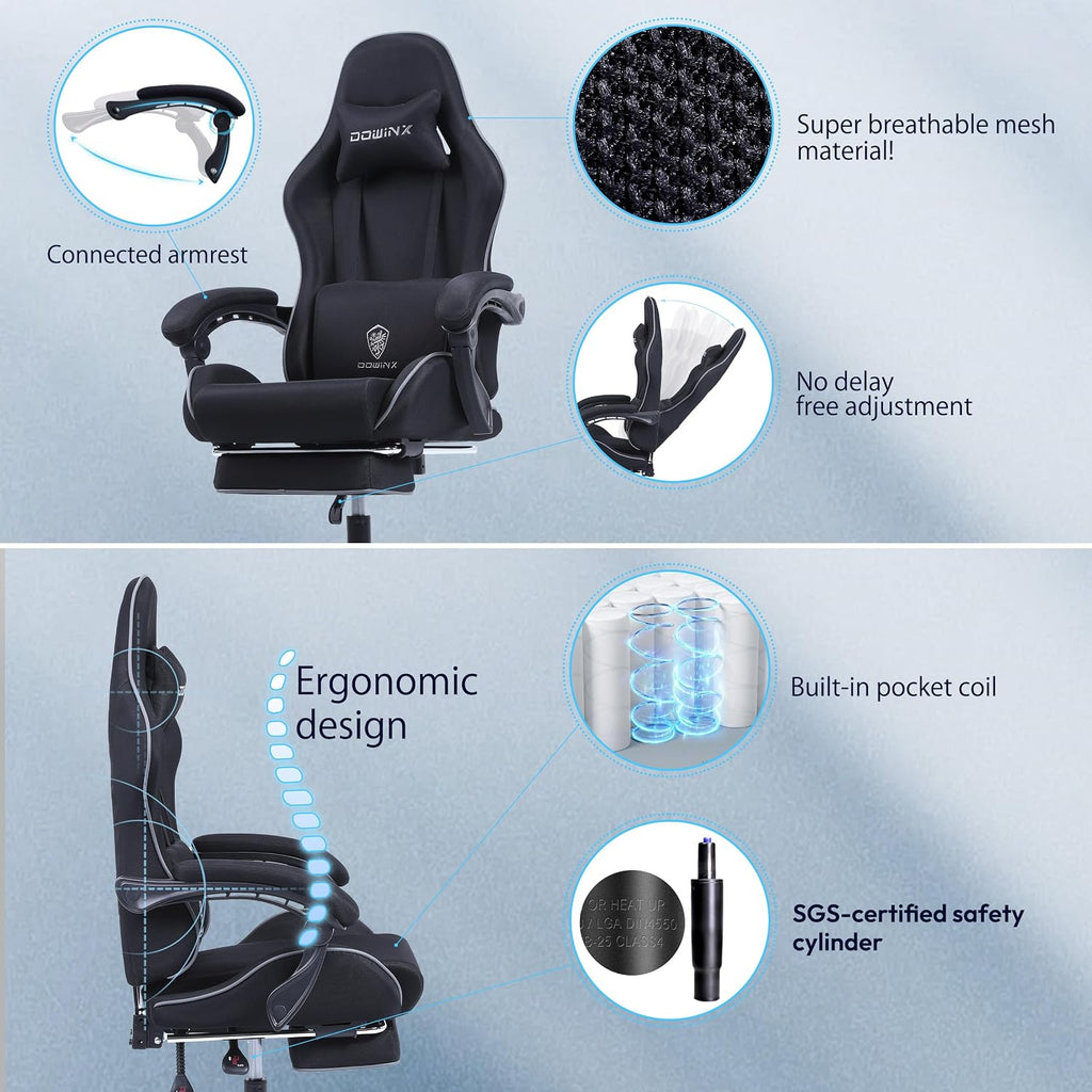 Dowinx 5TE8 Gaming Chair Fabric with Pocket Spring Cushion, Massage Game Chair Cloth with Headrest, Ergonomic Computer Chair with Footrest 290LBS