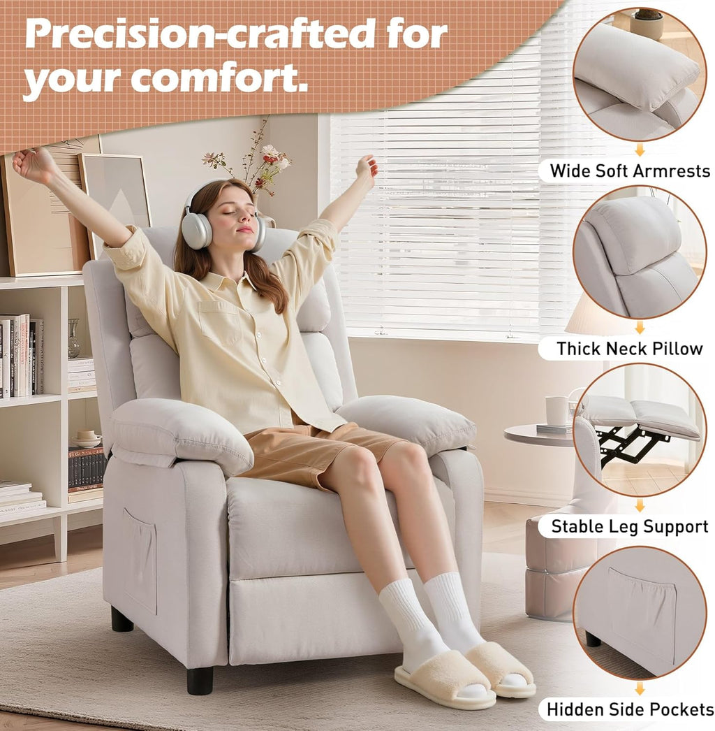 Korser Recliner Chair, Living Room Chairs for Adults, Padded Deep Seat Reading Chair with Side Pockets, Small Recliners for Small Spaces, Lounge Chair for Living Room, Bedroom, and RV (Linen)
