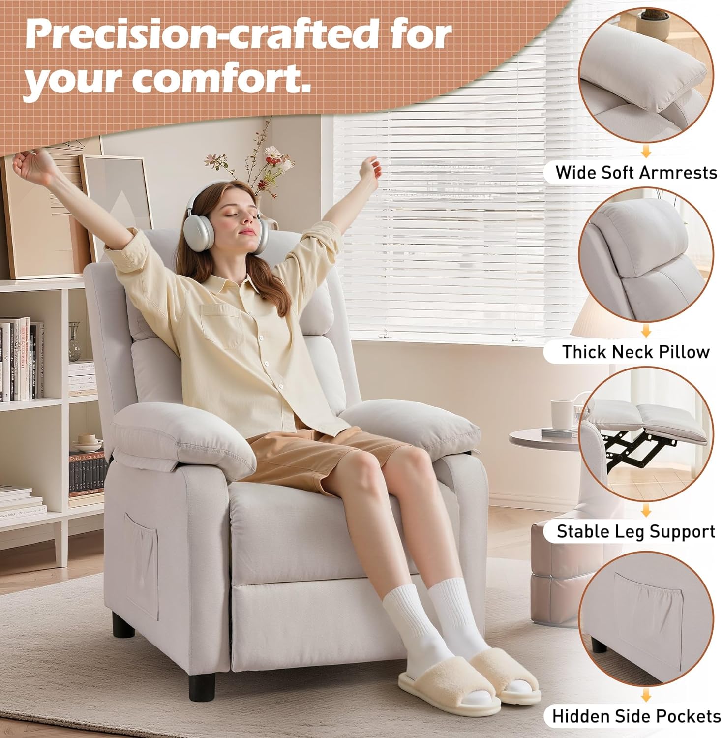 Korser Recliner Chair, Living Room Chairs for Adults, Padded Deep Seat Reading Chair with Side Pockets, Small Recliners for Small Spaces, Lounge Chair for Living Room, Bedroom, and RV (Linen)
