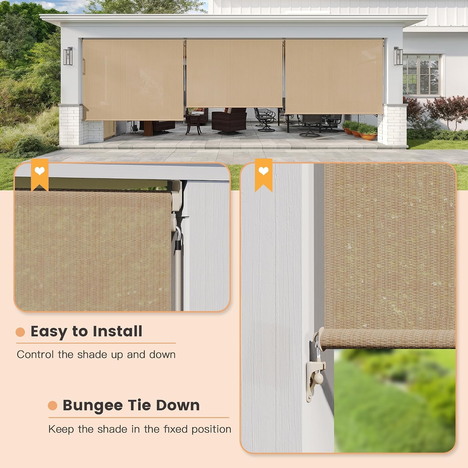 VICLLAX Cordless Outdoor Roller Shade with Splicing Design 10'×8', Exterior Roll Up Shade Blind for Porch, Patio, Yard, Wheat