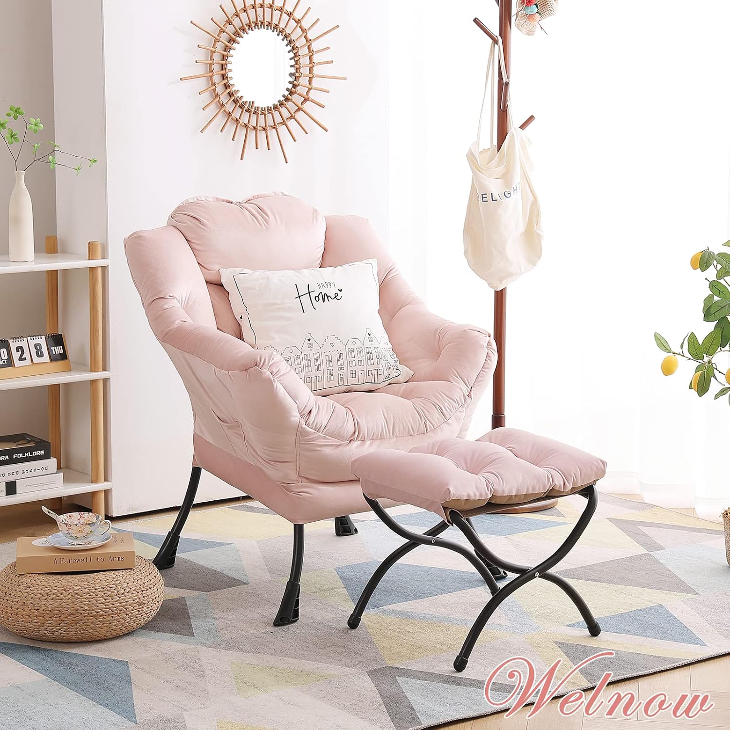 Welnow Lazy Chair with Ottoman, Modern Accent Chair with Armrests and a Side Pocket, Leisure Sofa Armchair, Reading Armchair with Footrest for Small Space, Pink