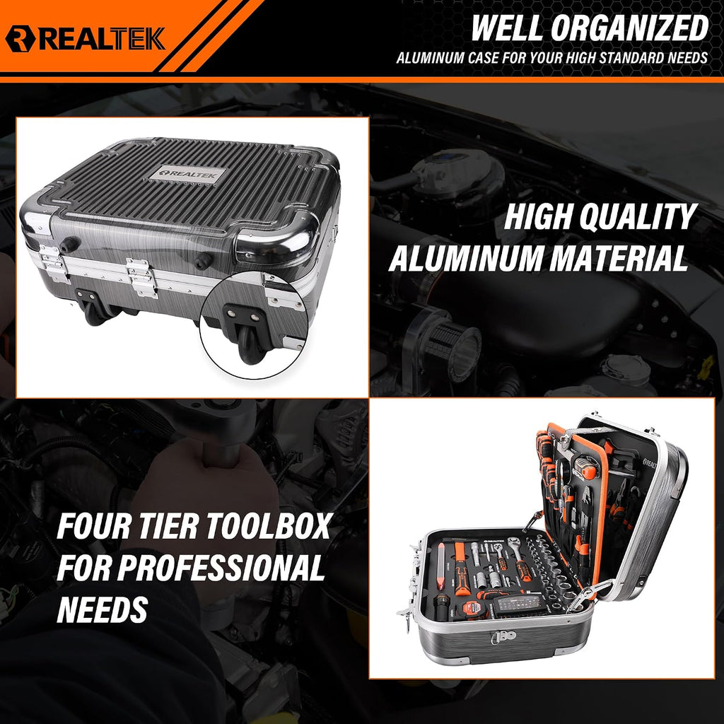 REALTEK 123 Piece Tool Set with Aluminum Case, Mechanics Tool Set with CR-V Constructed, Professional Tool Kit for Home and Car Repair