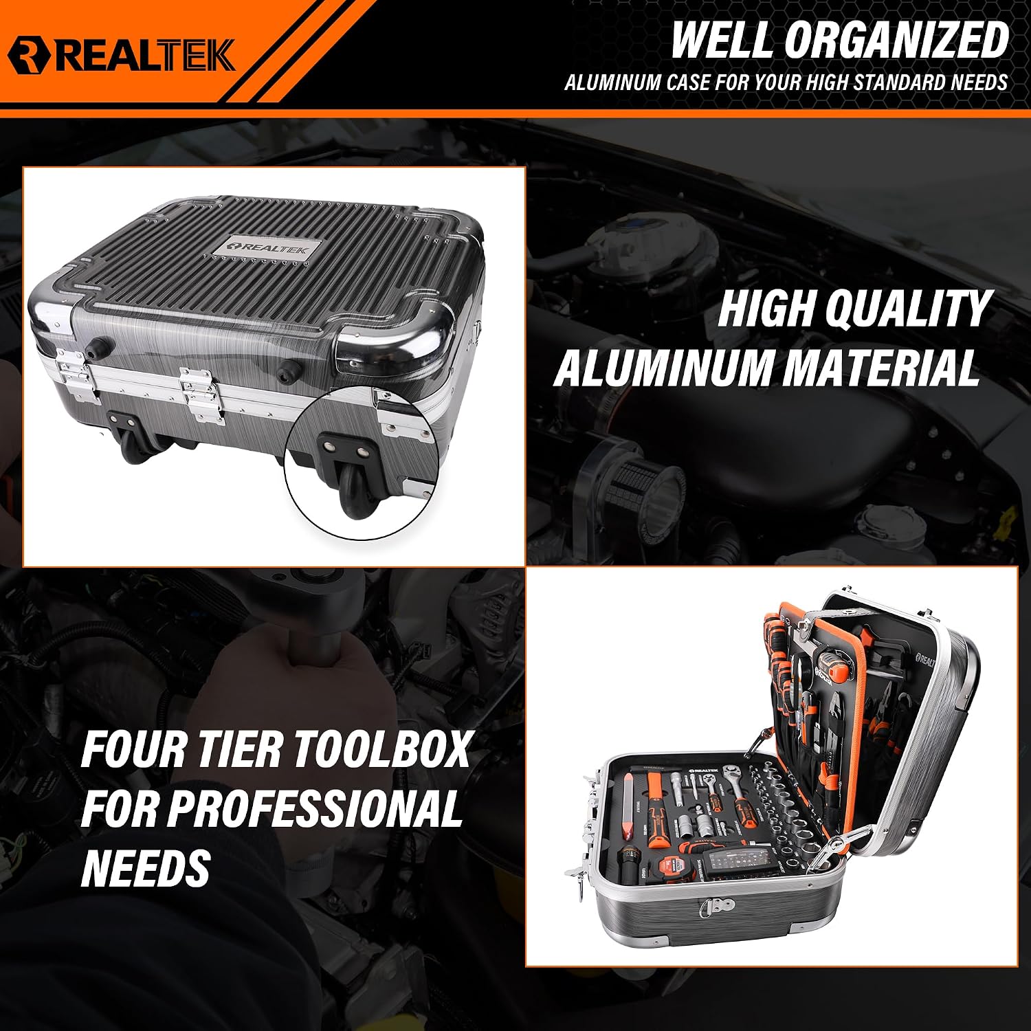 REALTEK 123 Piece Tool Set with Aluminum Case, Mechanics Tool Set with CR-V Constructed, Professional Tool Kit for Home and Car Repair