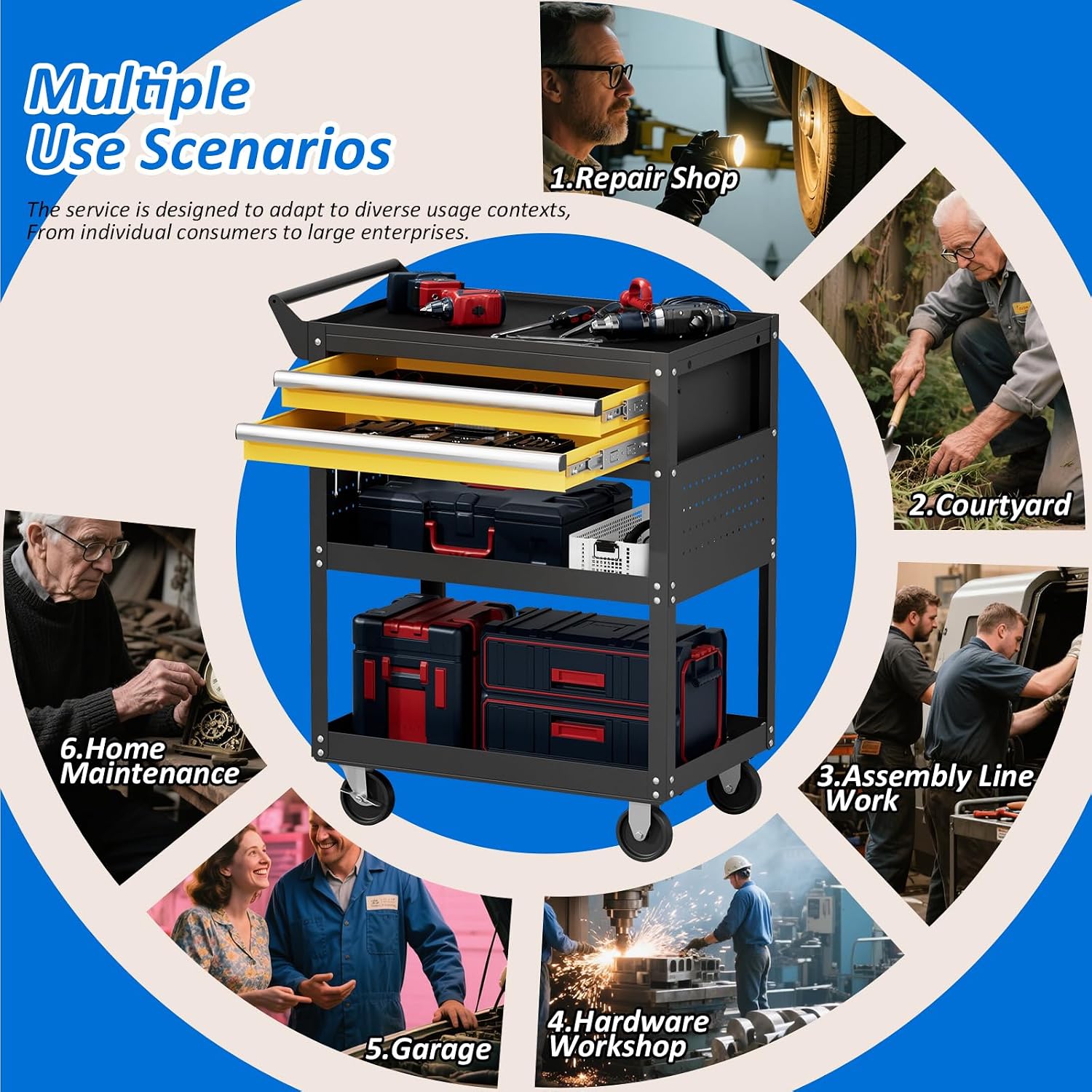 5 -Tier Heavy Duty Rolling Tool Cart on Wheels with 2 Lockable Drawers, Pegboard & Locking Wheels, 400Lbs Capacity Mobile Garage Storage Organizer for Mechanics, Workshop