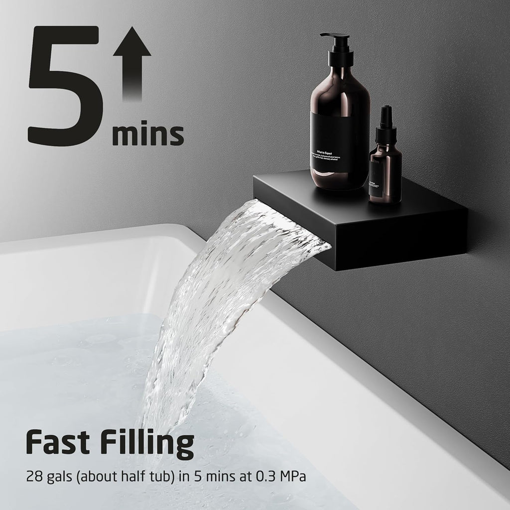 KES Shower System with Tub Spout, Matte Black Shower Faucet Set Complete 10 Inch Rain Shower Head with Handheld Spray and Waterfall Bathtub, cUPC Pressure Balance Shower Valve Trim Kit, XB6305F18-BK