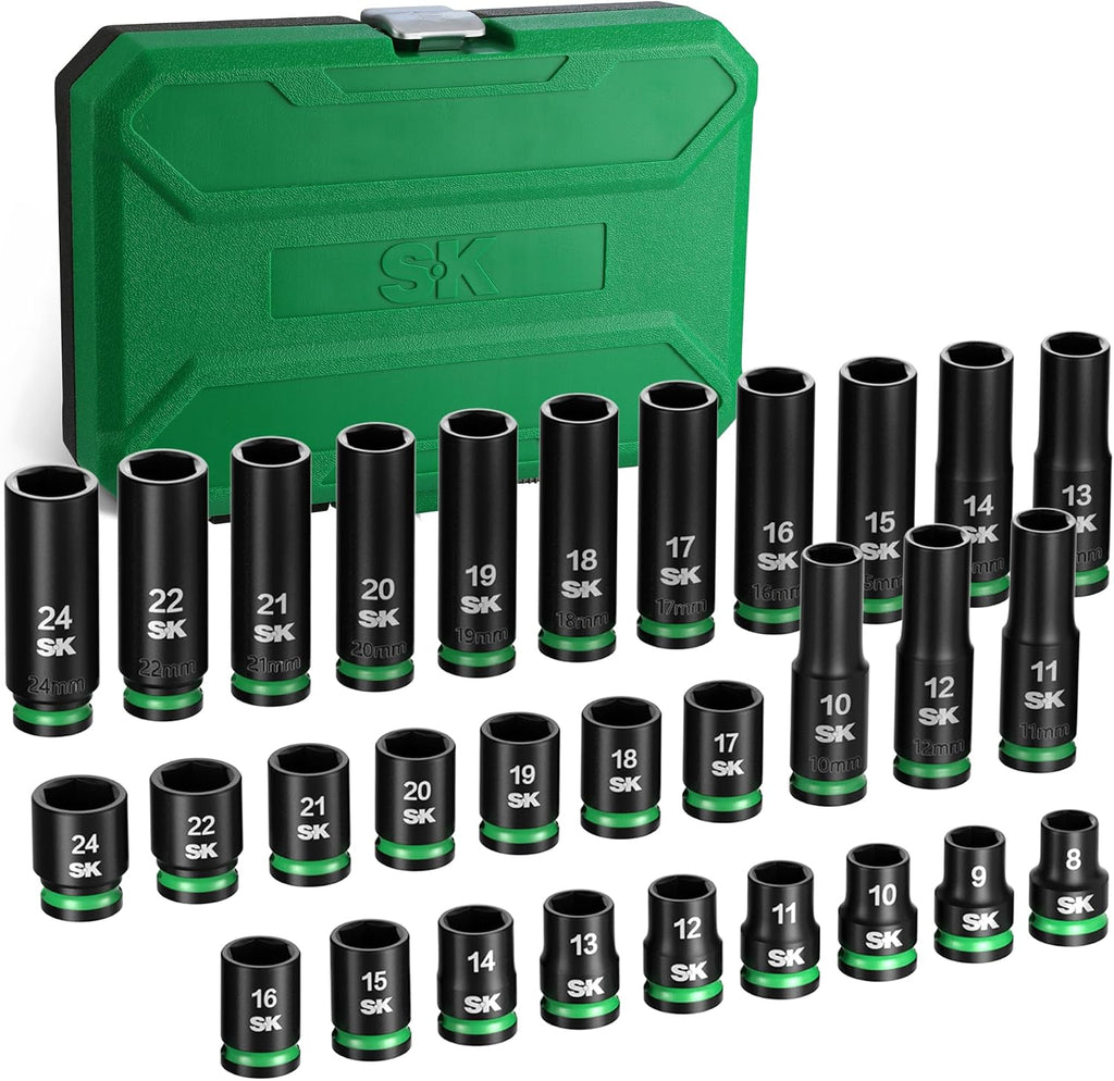 SK 1/2' Drive Impact Socket Set, 30-Piece Metric Sockets, Deep 10mm to 24mm, Shallow 8mm to 24mm, Premium CR-MO Steel, SureGrip 6 Point Design, With Storage Case