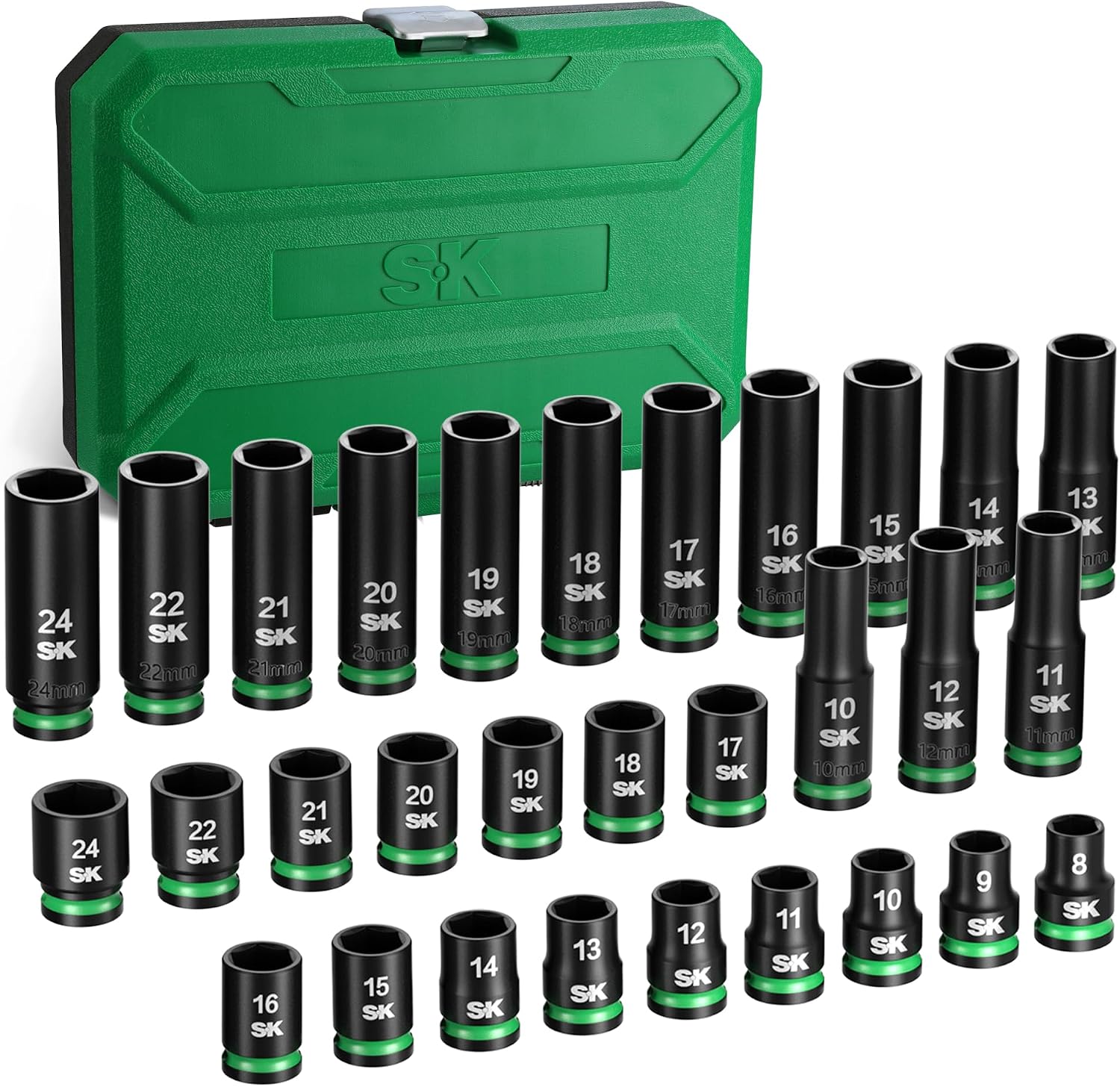 SK 1/2' Drive Impact Socket Set, 30-Piece Metric Sockets, Deep 10mm to 24mm, Shallow 8mm to 24mm, Premium CR-MO Steel, SureGrip 6 Point Design, With Storage Case