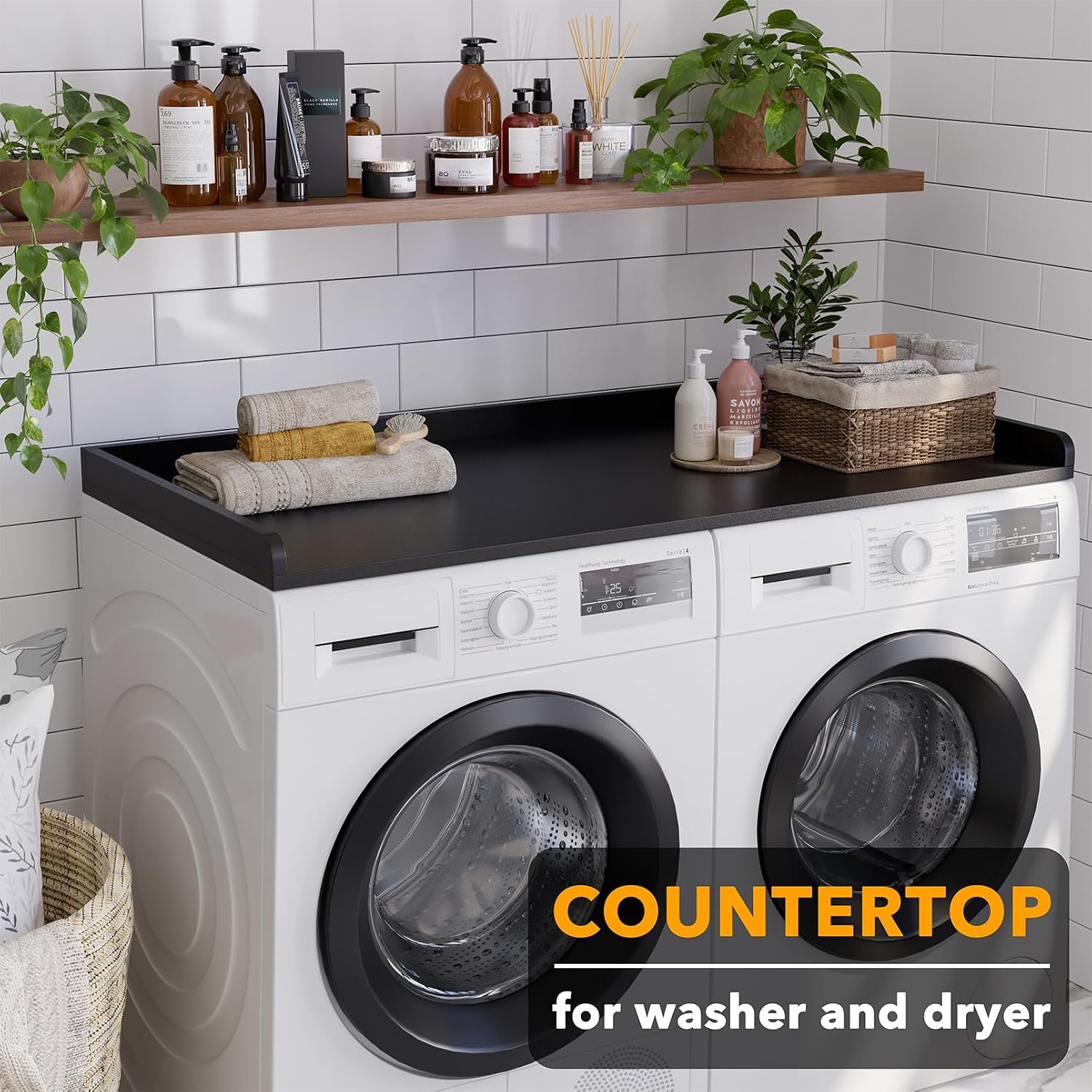 SpaceAid Washer Dryer Countertop, Laundry Wood Shelf Topper with Edge, 54' Width x 27.5' Depth Cover Guard Organizer for Washer and Dryer Laundry Hamper Counter Storage Organization (Black)