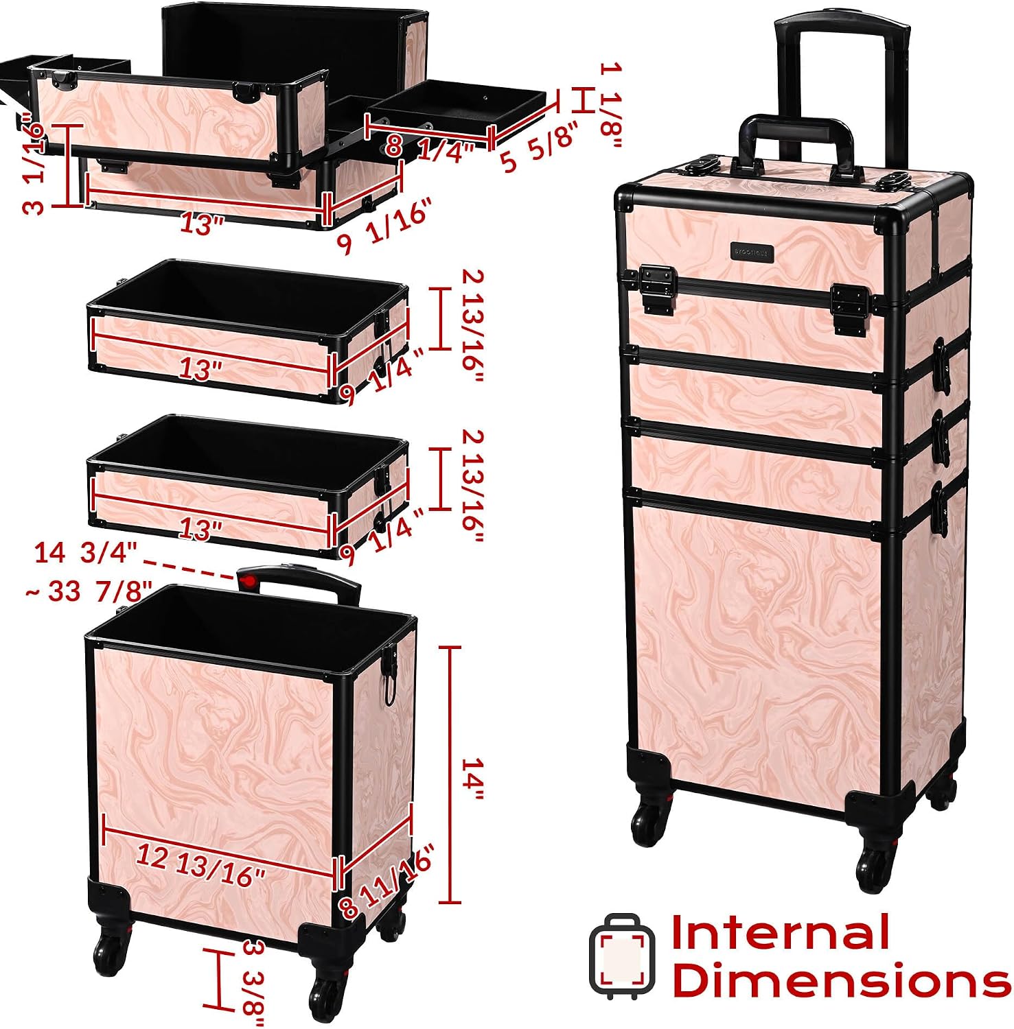 BYOOTIQUE Rolling Makeup Train Case Trolley w/Cube Case Cosmetic Organizer Pink