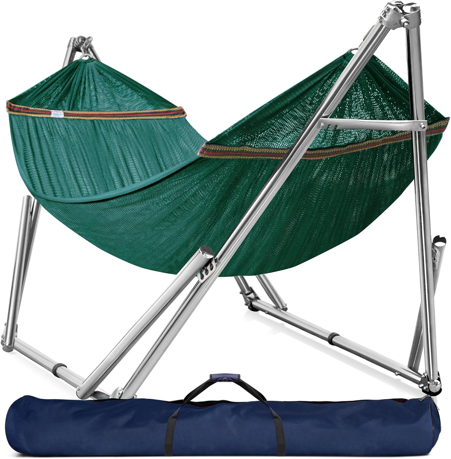Tranquillo Double Hammock with Stand 650lb Capacity Double Hammock with Spreader Bar, Solid Grade 201 Stainless Steel 30s Set Up, Sturdy Flexible Hammock Stand Portable, Outdoor Indoor, Peacock