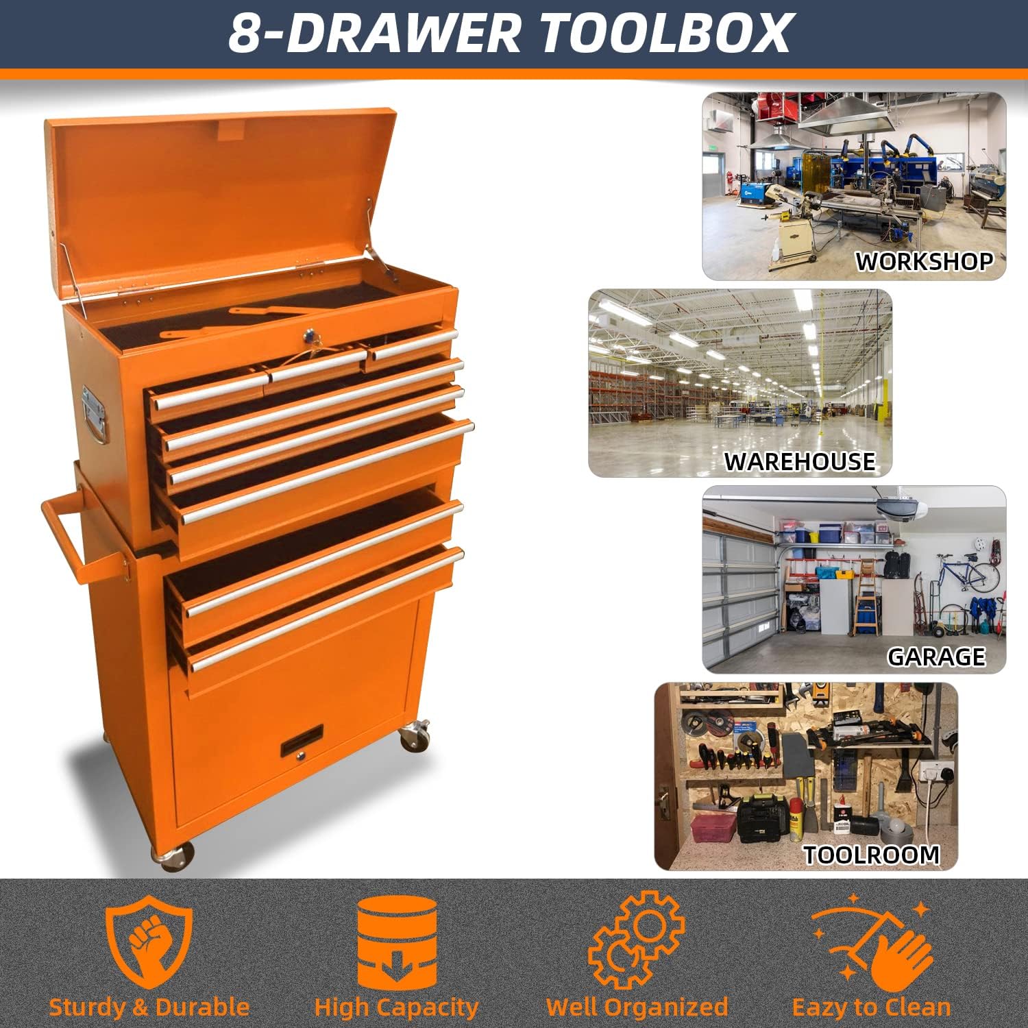8-Drawer High Capacity Tool Chest, Rolling Tool Box with Lock, Tool Box on 4 Wheels with Sliding Drawers, Tool Storage Cabinet Removable Portable Box for Garage Warehouse New(Orange)