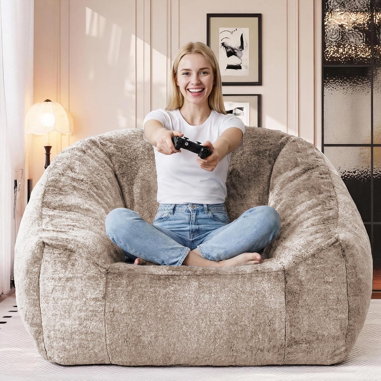 Bean Bag Chairs for Adults, Giant Beanbag Sofa Comfy Reading Chair, Oversized Bean Bag Chairs for Living Room Bedroom, Soft Faux Fur Fabric, 3.2FT, Khaki, Plush