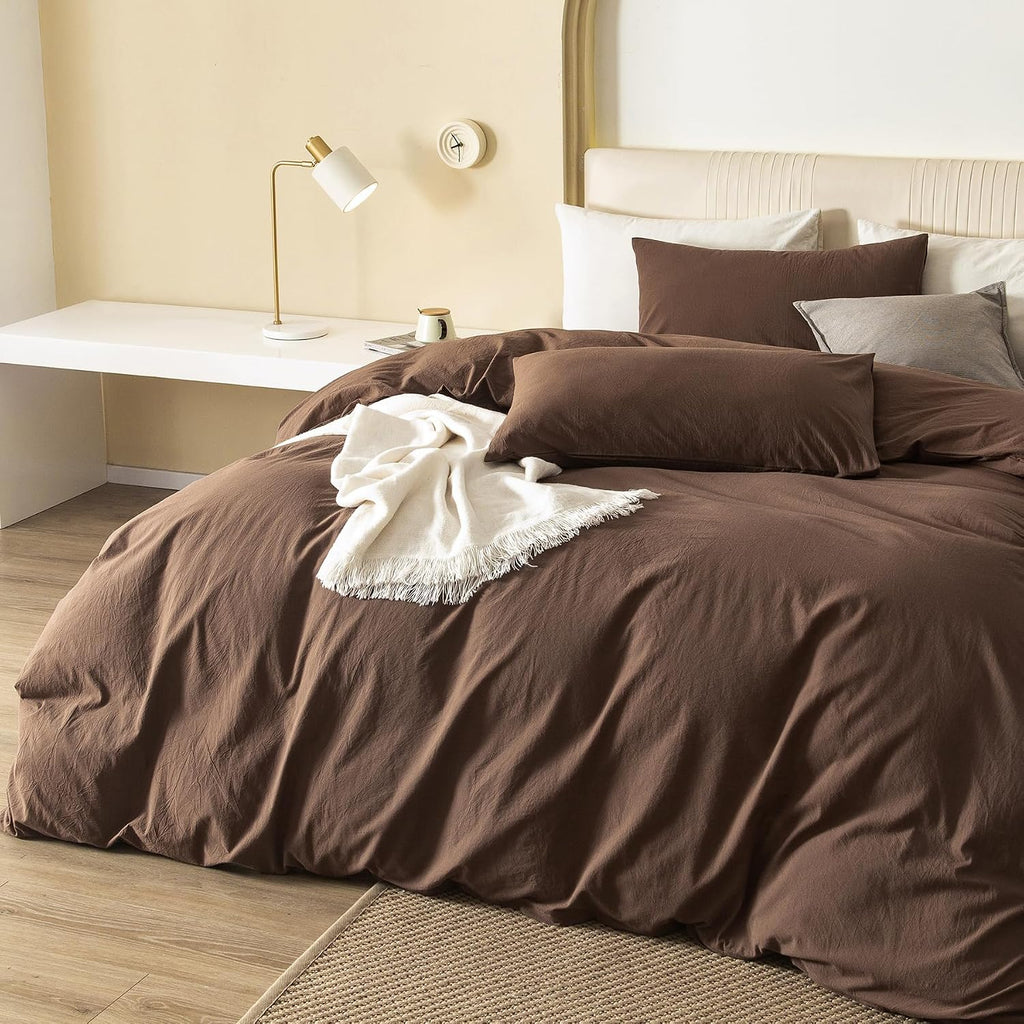 JIYUAN Oversized King Plus Duvet Cover Set, 3-Piece - 100% Washed Cotton, Linen-Like Soft & Breathable with Zipper Closure, Includes 128x120 Inch Cover & 2 Pillowcases, Solid Chocolate Brown