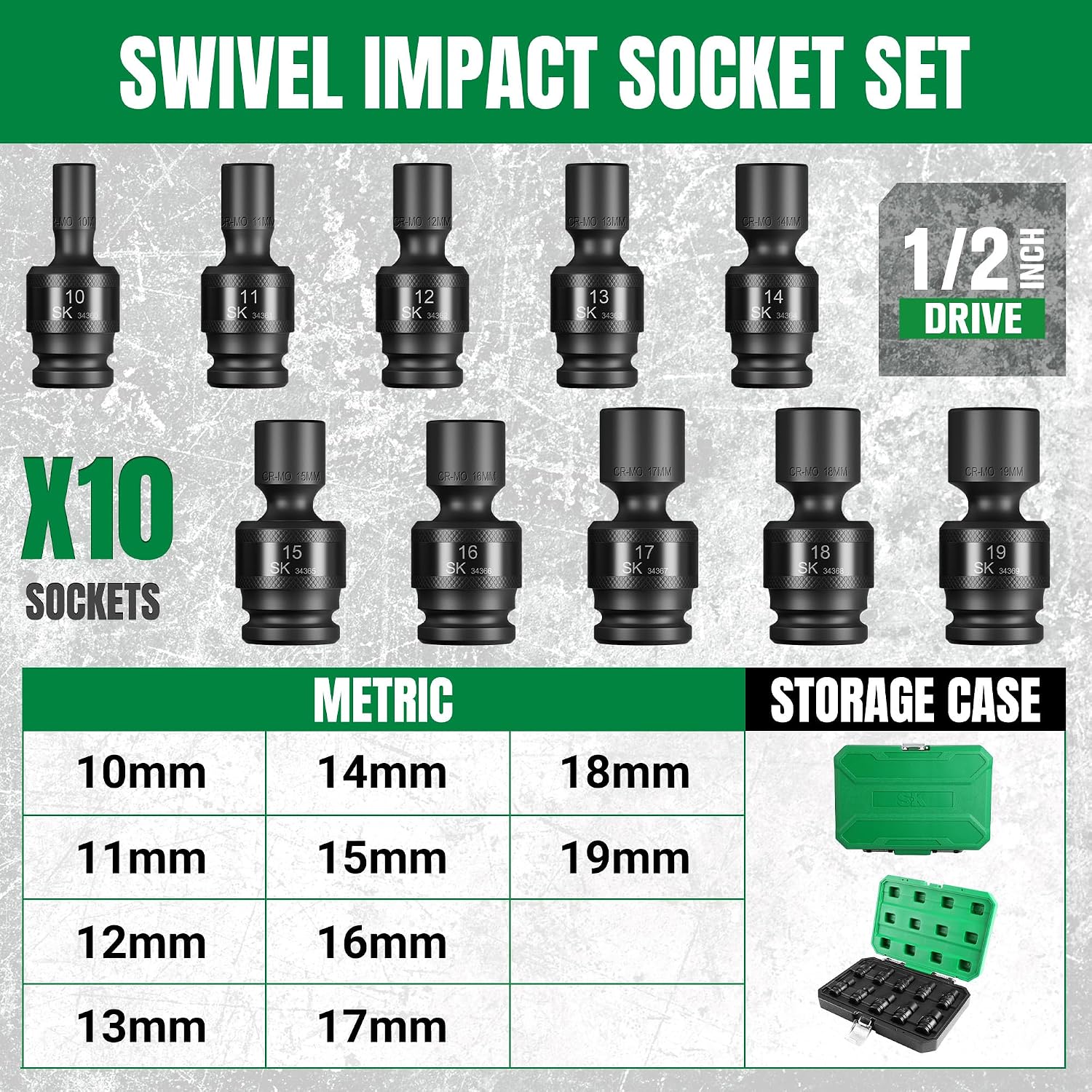 SK 1/2' Drive Universal Swivel Impact Socket Set, Metric Socket Set, 10-Piece, Premium CR-MO Steel, SureGrip 6 Point Design, with Storage Case