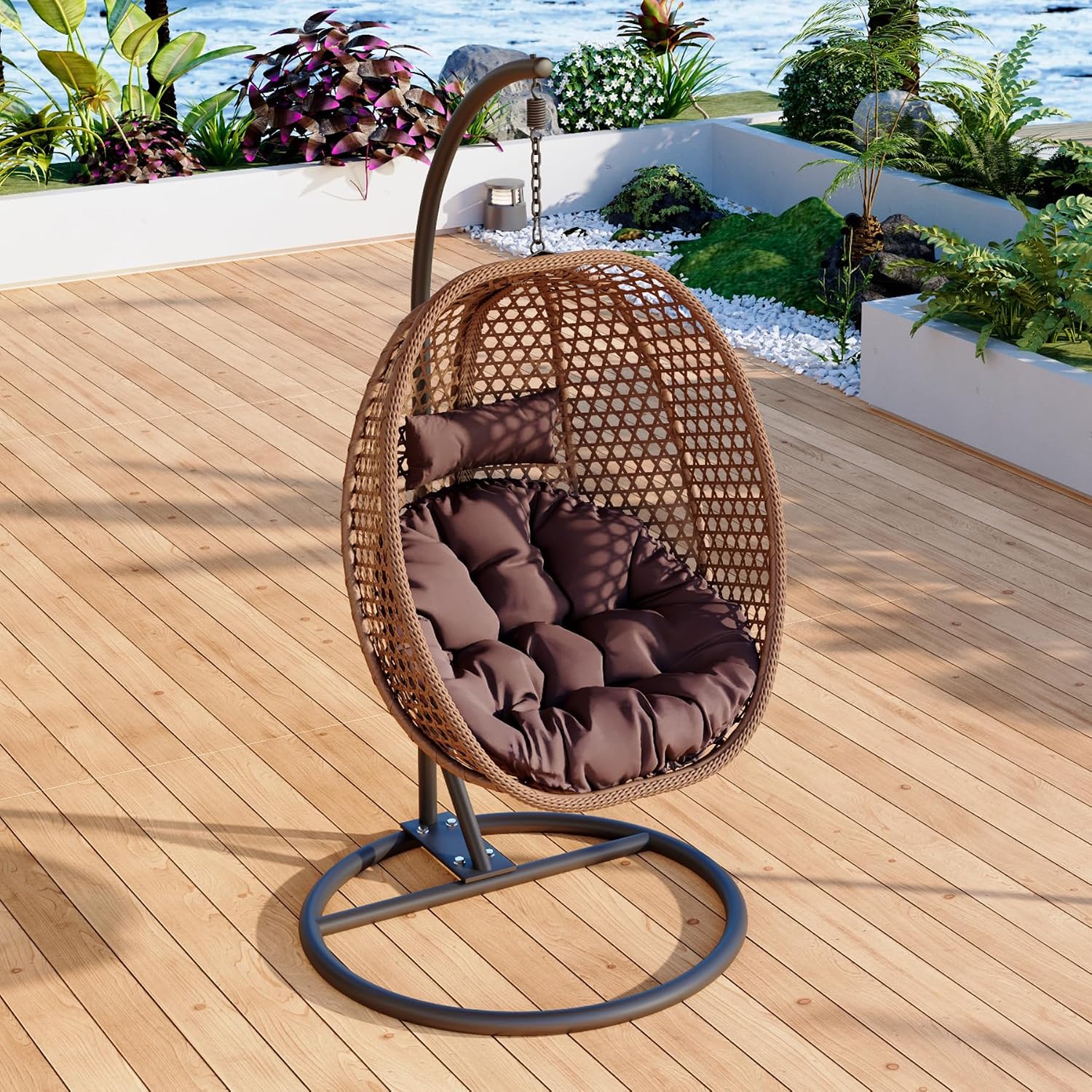 Egg Swing Chair with Stand for Outdoor Indoor, Hanging Egg Chair with Cushion and Pillow, Lounge Chair, Foldable Basket and Metal Stand for Porch, Patio, Bedroom, Balcony,Yard (Brown)