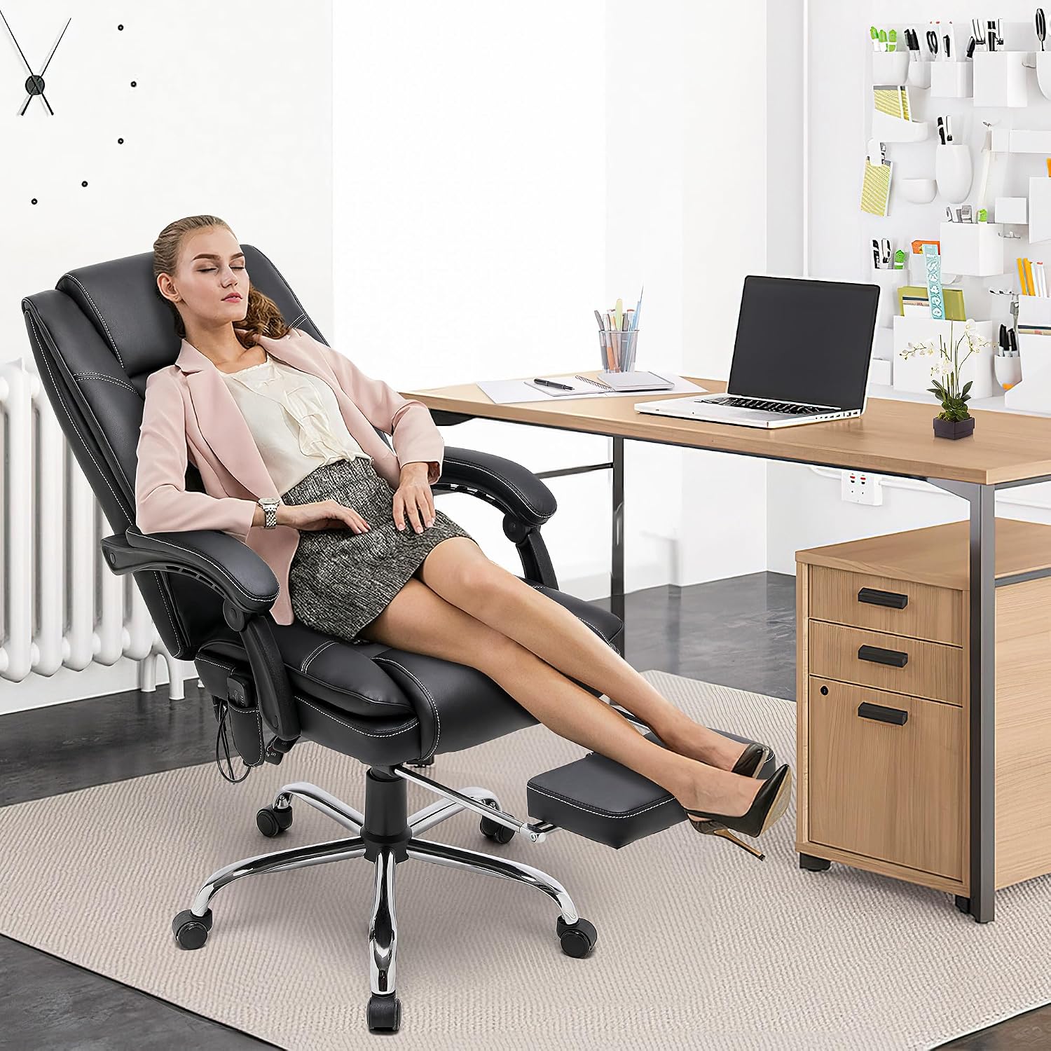 HOMREST 4-Point Massage Executive Office Chair with Footrest,Heated Reclining Chair with Lumbar Back Support,Ergonomic Desk Chair with Armrest, Computer Desk Chair for Home Office(Black)