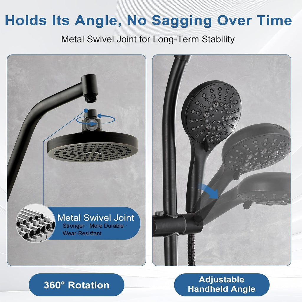 BRIGHT SHOWERS Rain Shower Head with Handheld Combo, Dual Shower System with Slide Bar, Adjustable Height, Brass Slide Bar & Diverter, 60 Inch Stainless Steel Hose, Oil Rubbed Bronze