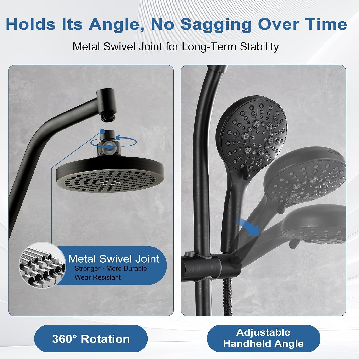 BRIGHT SHOWERS Rain Shower Head with Handheld Combo, Dual Shower System with Slide Bar, Adjustable Height, Brass Slide Bar & Diverter, 60 Inch Stainless Steel Hose, Oil Rubbed Bronze