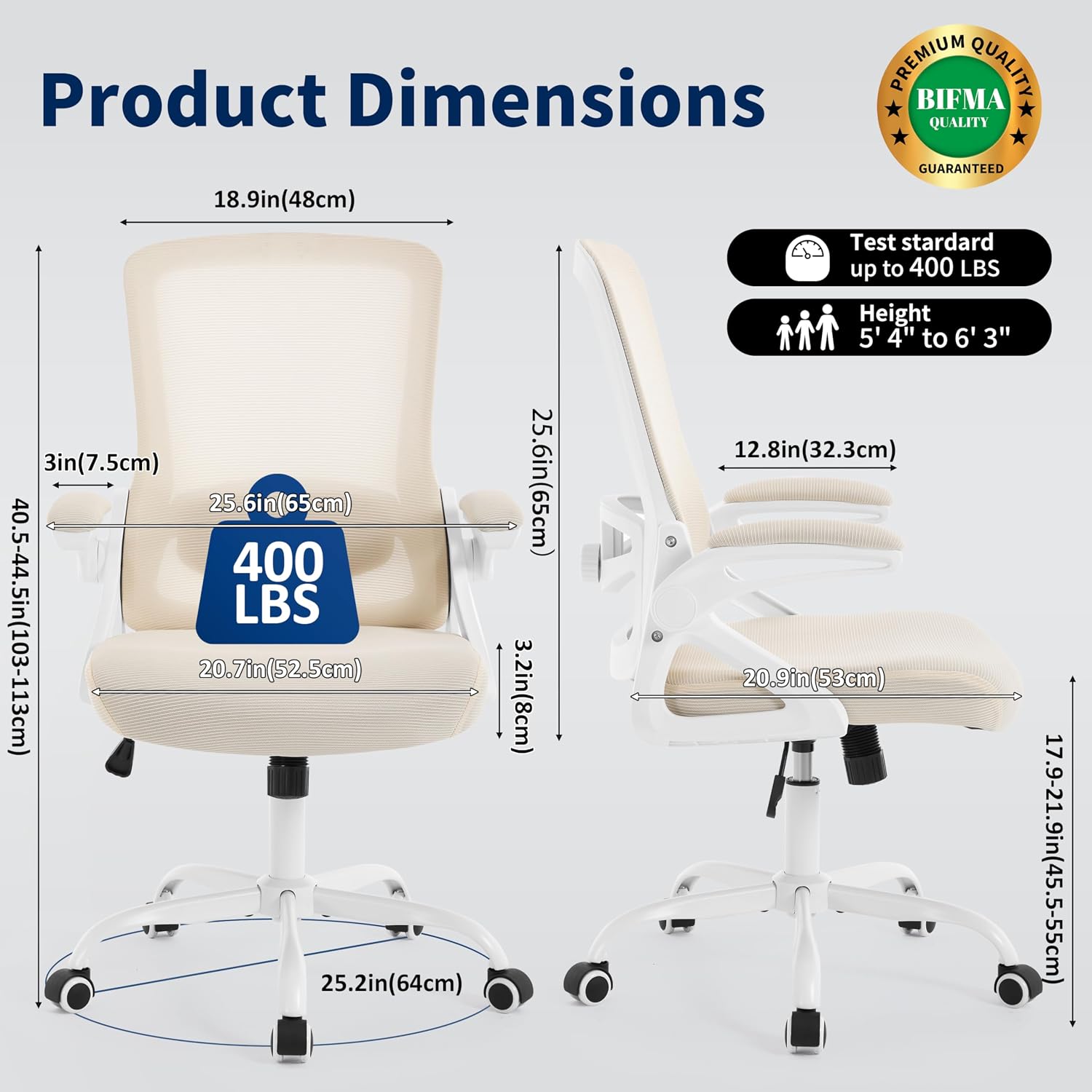 Ergonomic Office Chair, Desk Chair with Adjustable Lumbar Support, Breathable Mesh Comfy Computer Chairs with Flip-up Armrests Executive Task Chair for Adults Home Office (Buff Beige)