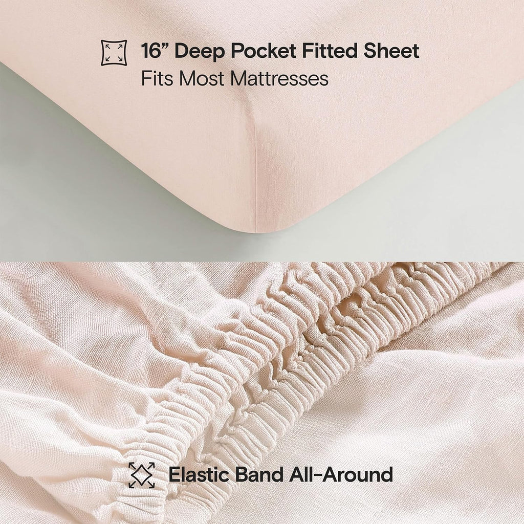 Sijo Stone Washed Organic French Linen Bed Sheet Set, GOTS Certified Organic, Best Cooling Linen Sheet Award by Sleep Foundation, 4 Piece - 2 Pillowcases, 1 Fitted and 1 Flat (Blush, Queen)