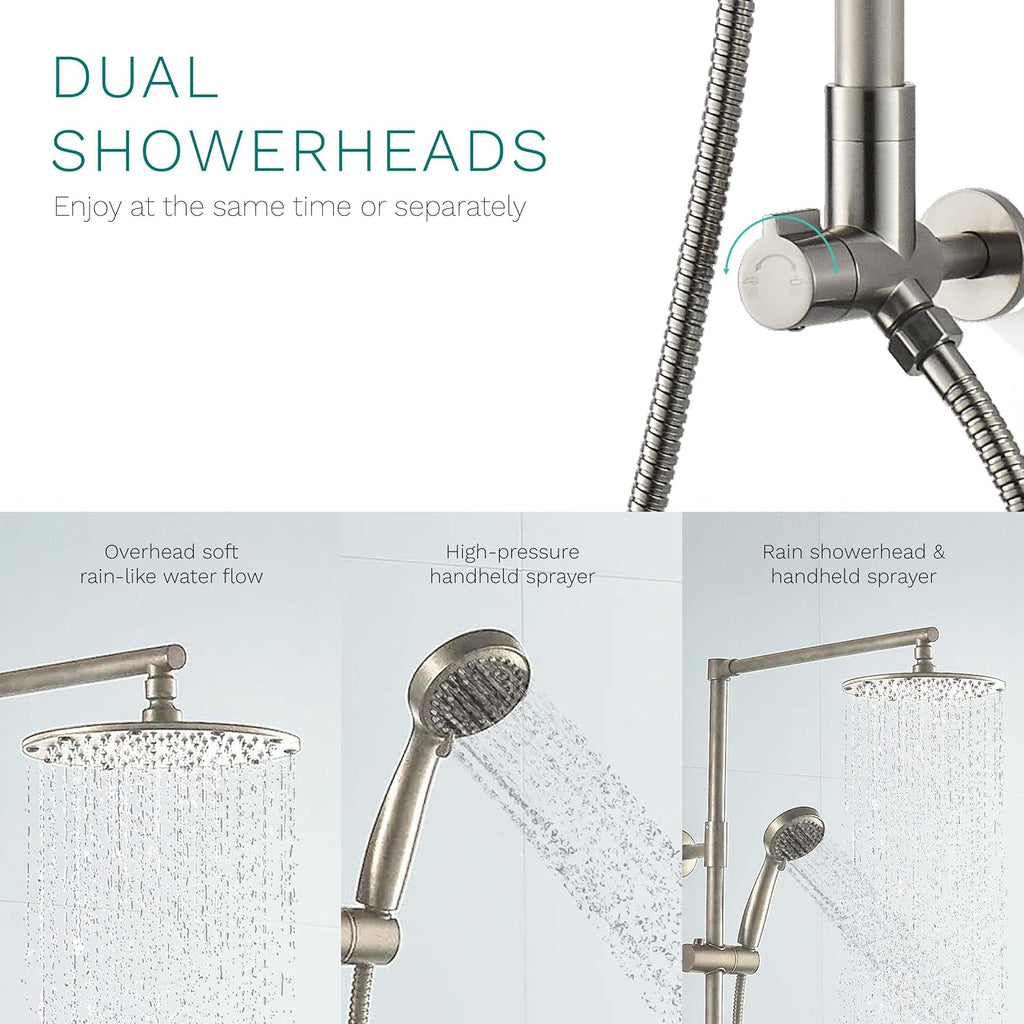 Fennocasa Polaris 3 Retrofit Rain Shower System, 3-Setting Handheld Shower Combo with Slide Bar, 8' Low Profile Shower Head (2.5 GPM Brushed Nickel)