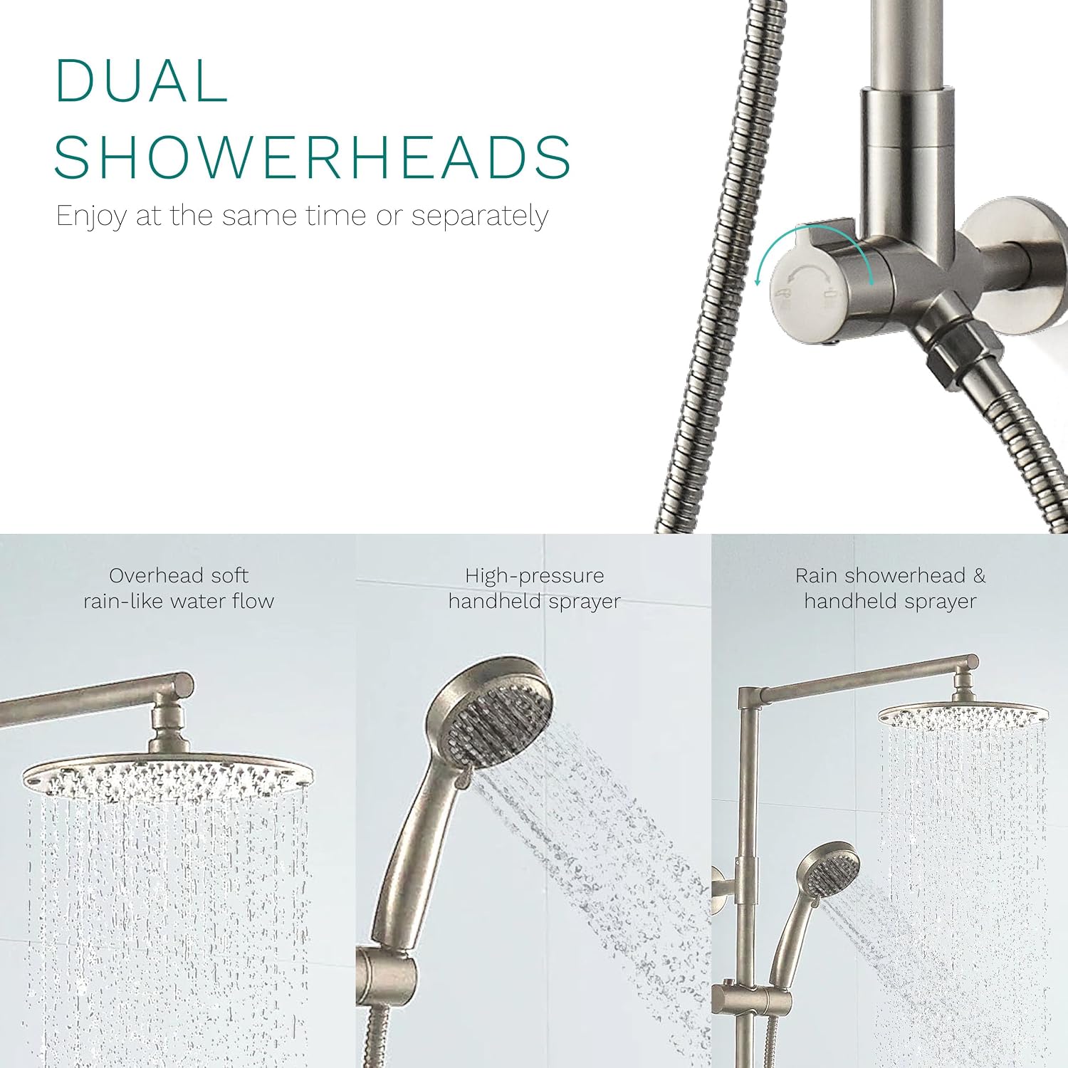 Fennocasa Polaris 3 Retrofit Rain Shower System, 3-Setting Handheld Shower Combo with Slide Bar, 8' Low Profile Shower Head (2.5 GPM Brushed Nickel)