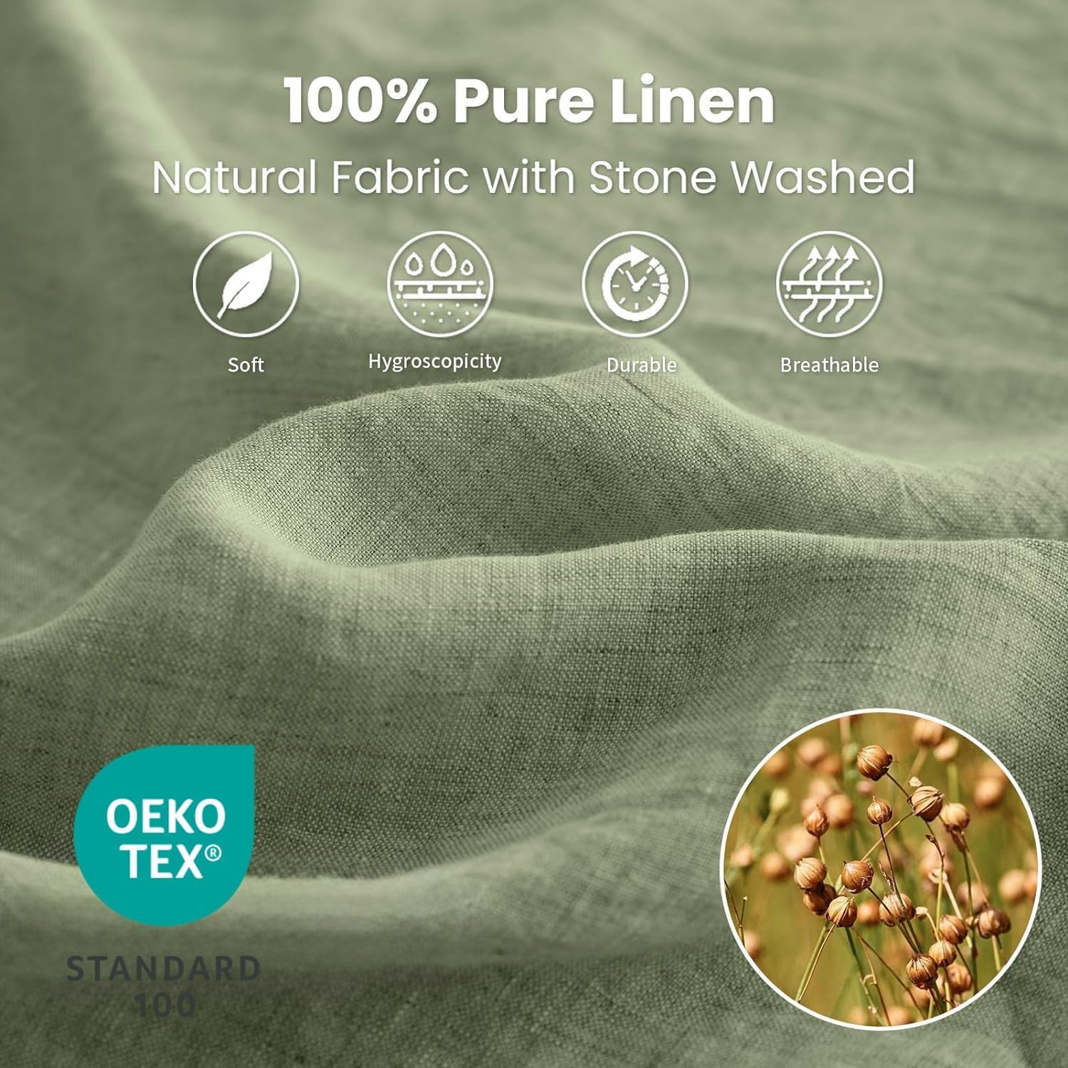 Simple&Opulence 100% Linen Sheet Set 4 Pieces Natural France Flax Bed Sheet (1 Flat Sheet, 1 Fitted Sheet, 2 Pillowcases) Breathable Luxury Hotel Bedding - Embroidery Sage Green, Queen Size