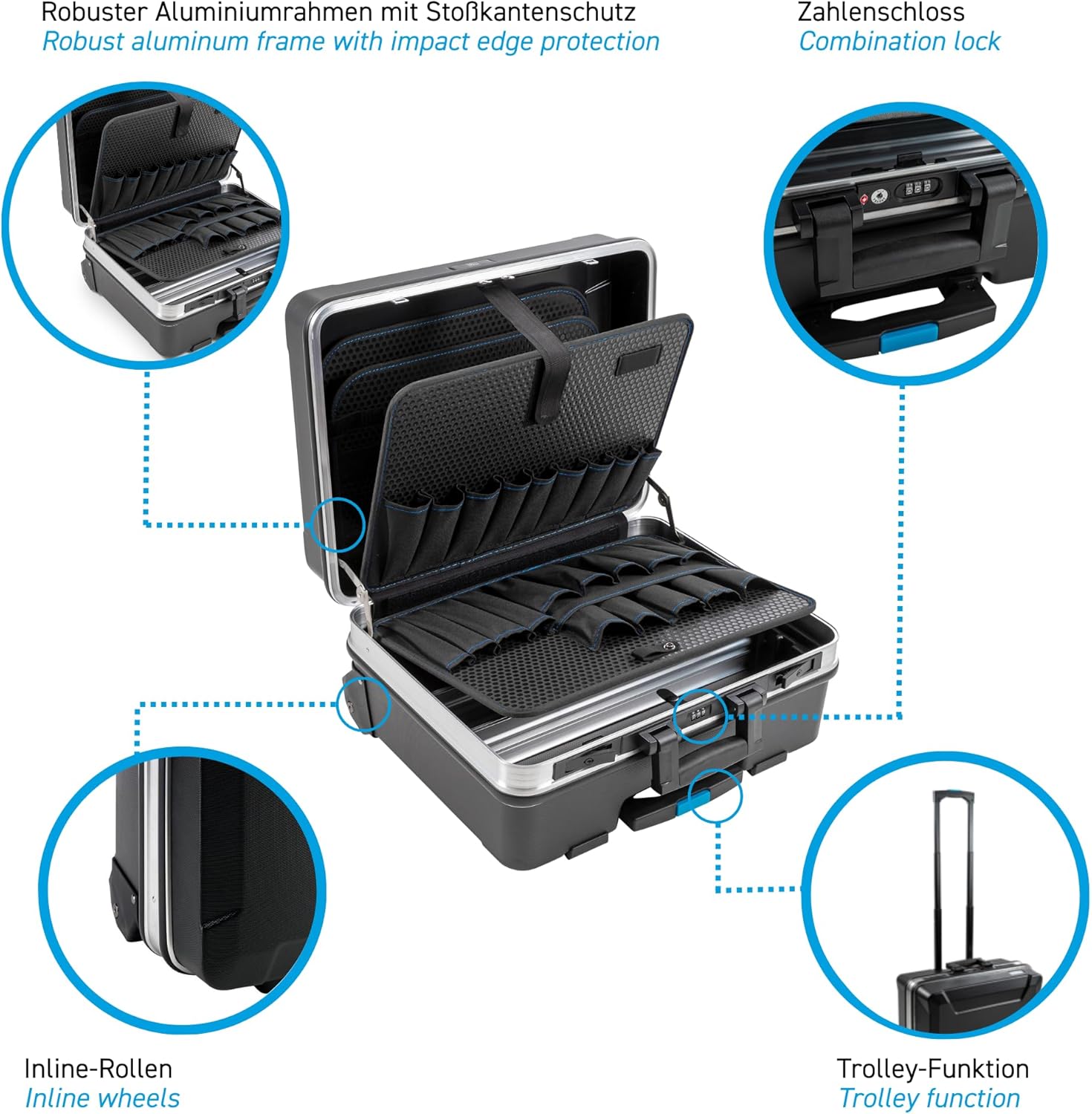 B&W International GO Portable Wheeled Rolling Tool Case Box with Pocket Boards, Black