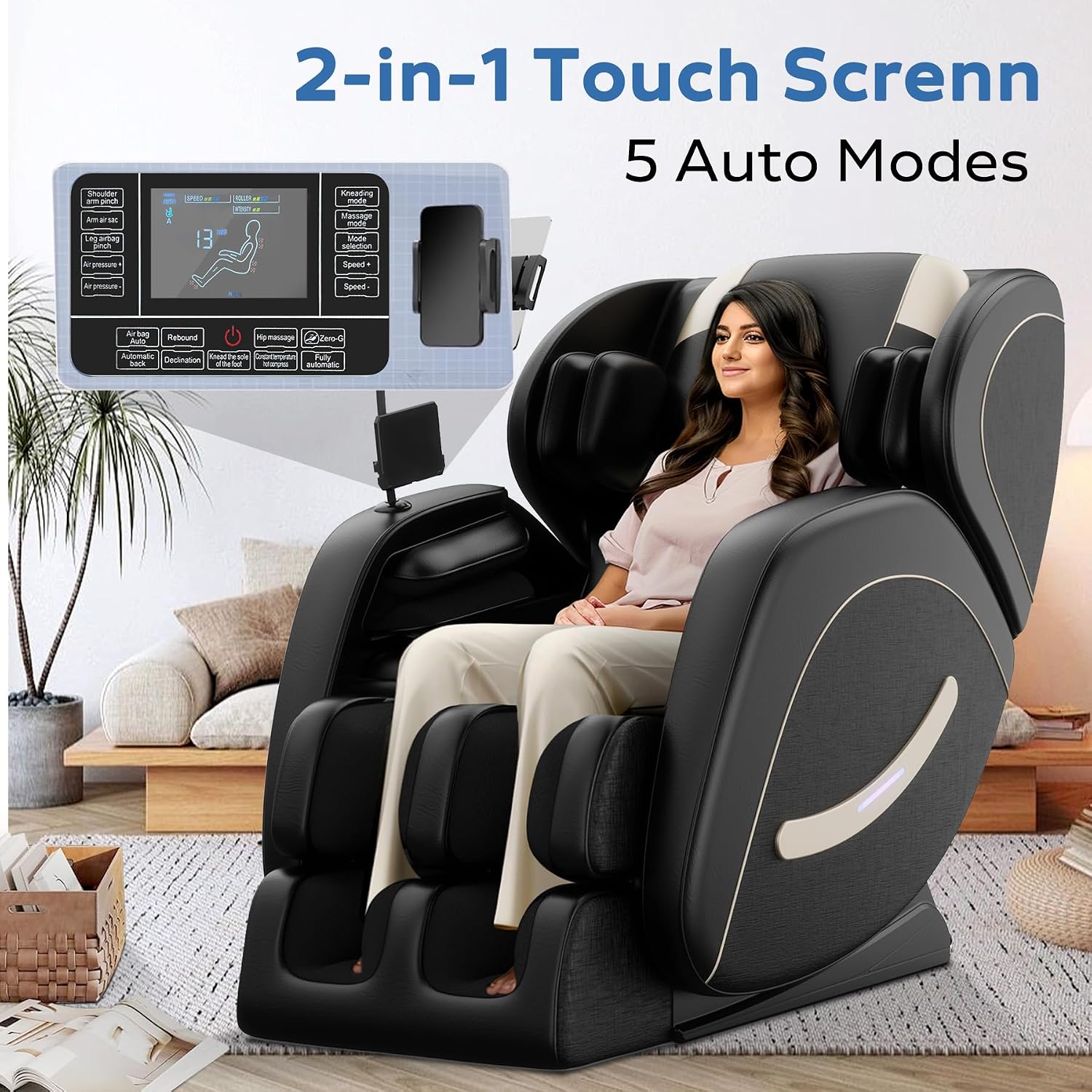 Zero Gravity Massage Chair Recliner with 8 Roller Heads, Full Body Air Pressure System, Heated Waist and Legs, Foot Roller Therapy, Bluetooth Audio, Automatic Programs for Home Office, Black
