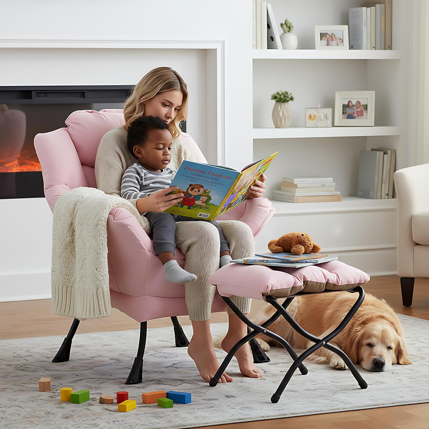 Welnow Pink Lazy Chair with Ottoman, Modern Reading Accent Chair with Armrests and a Side Pocket, Leisure Upholstered Lazy Sofa Set with Footrest for Small Space
