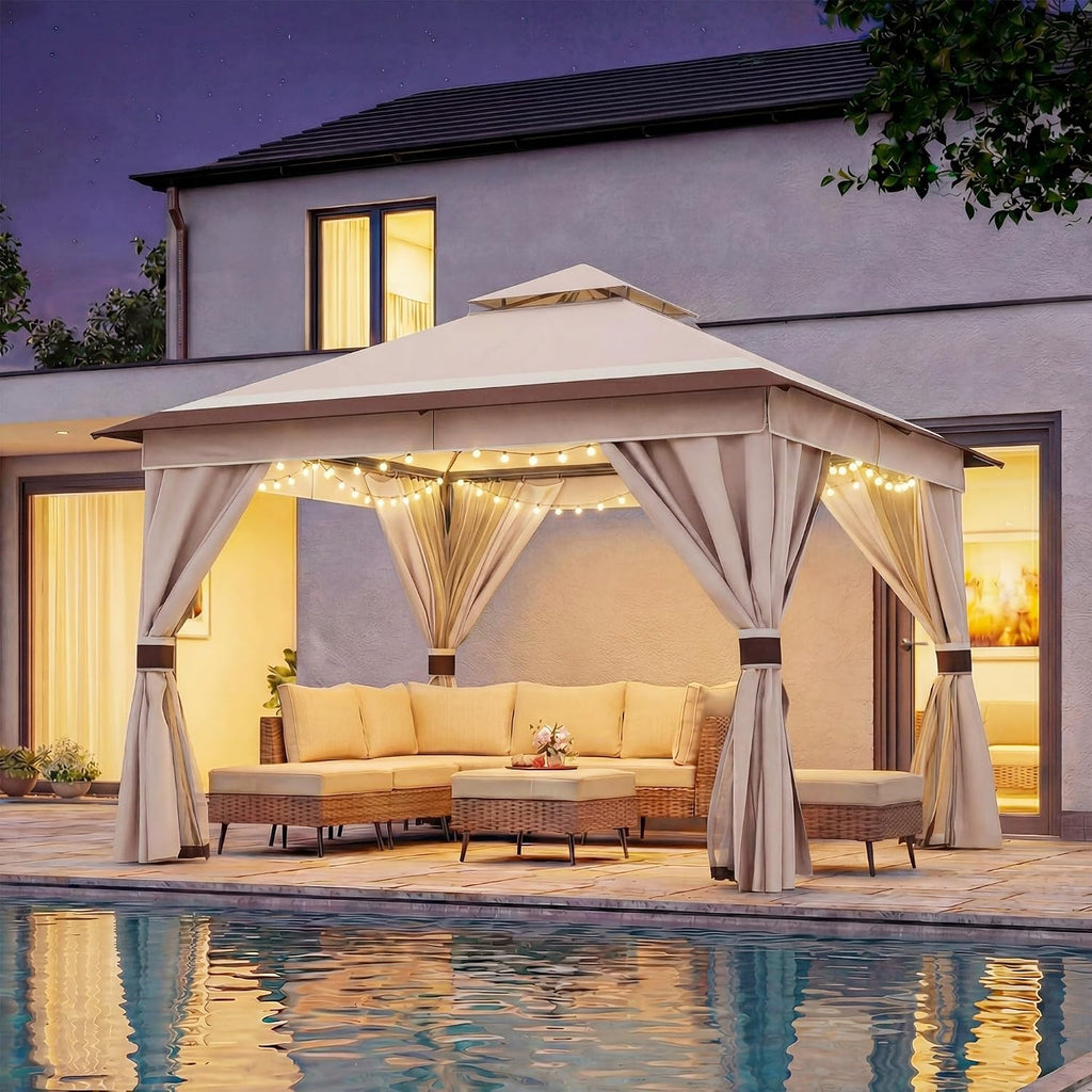LAUSAINT HOME 10'x10' Outdoor Gazebo with 50FT String Lights, Metal Heavy Duty Patio Canopy Tent with Double Roofs, Mosquito Nettings and Privacy Screens for Backyard, Garden, Lawn, Classic Khaki